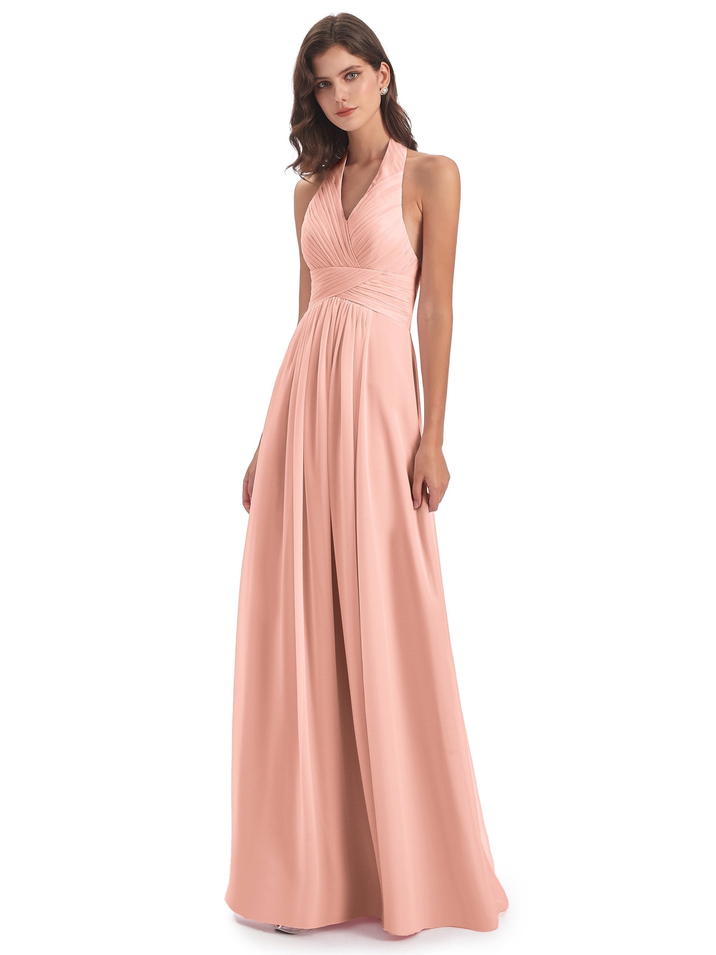 Camila A-line Halter Pleating Long Bridesmaid Dresses