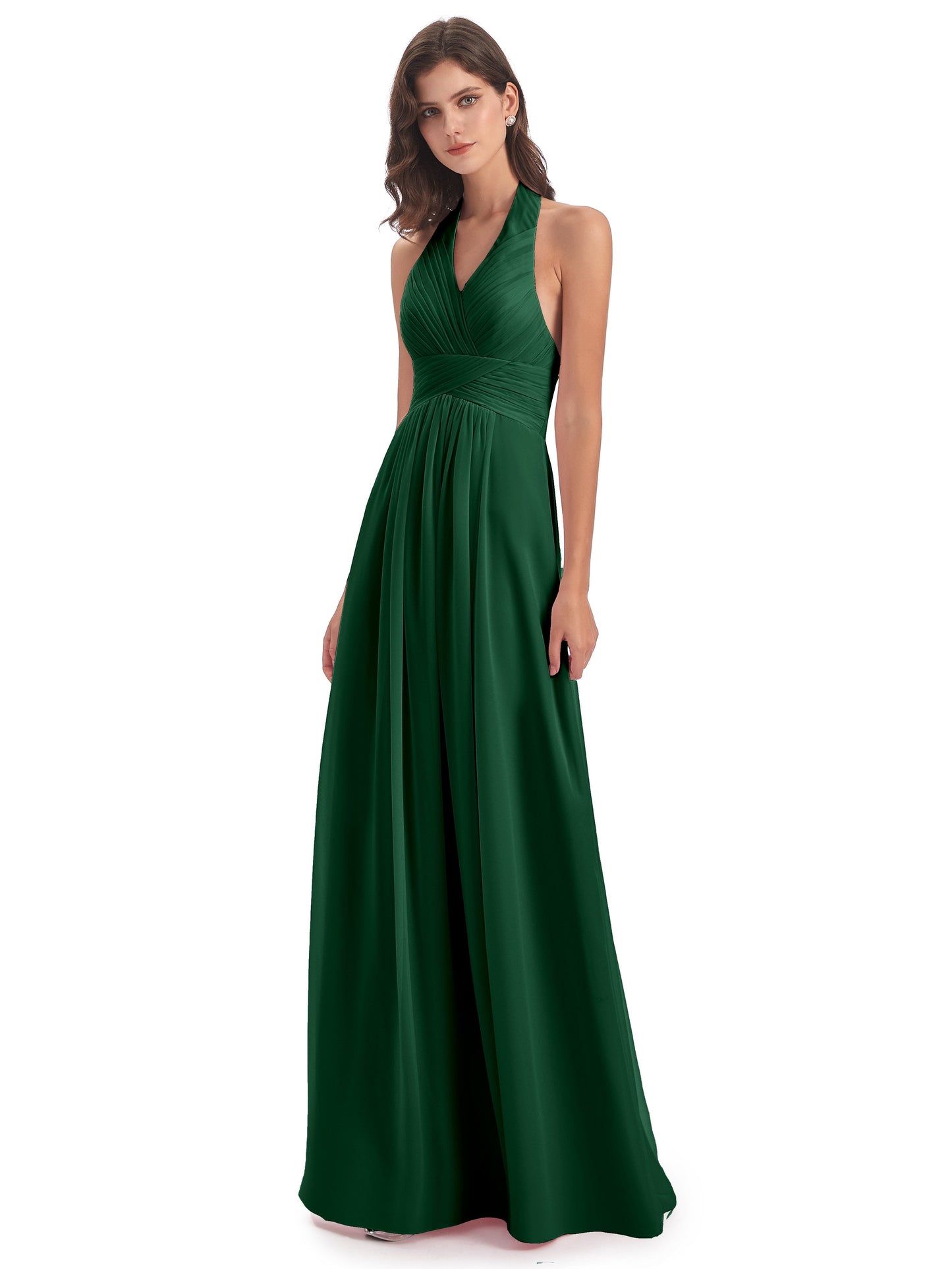 Camila A-line Halter Pleating Long Bridesmaid Dresses