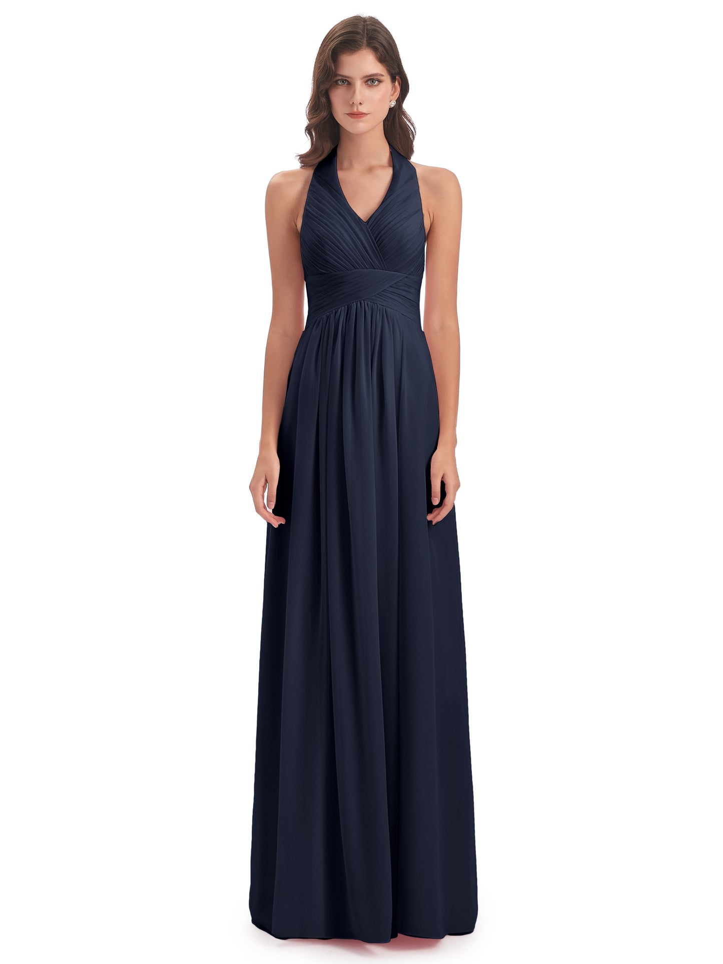 Camila A-line Halter Pleating Long Bridesmaid Dresses