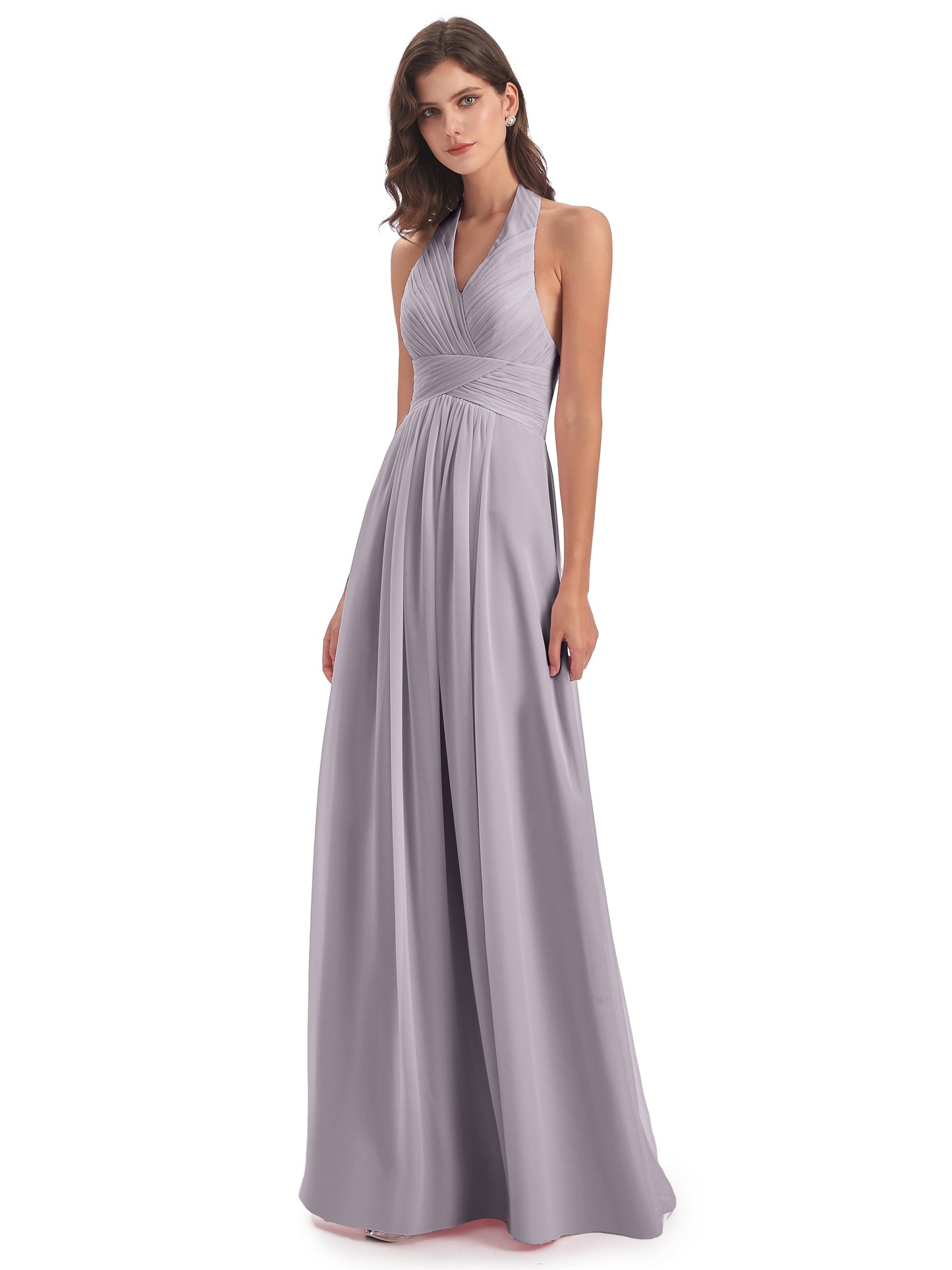 Camila A-line Halter Pleating Long Bridesmaid Dresses
