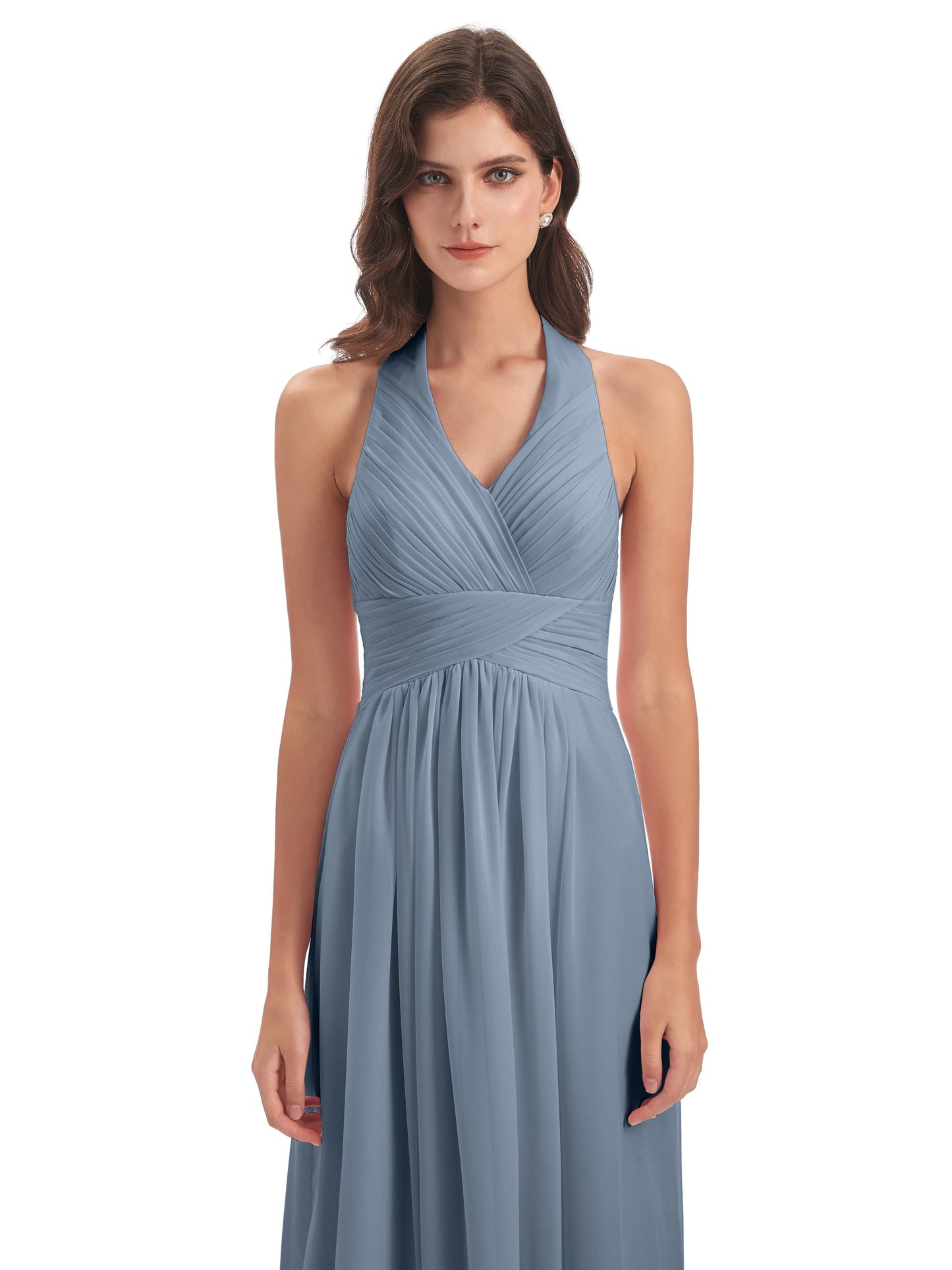 Camila A-line Halter Pleating Long Bridesmaid Dresses