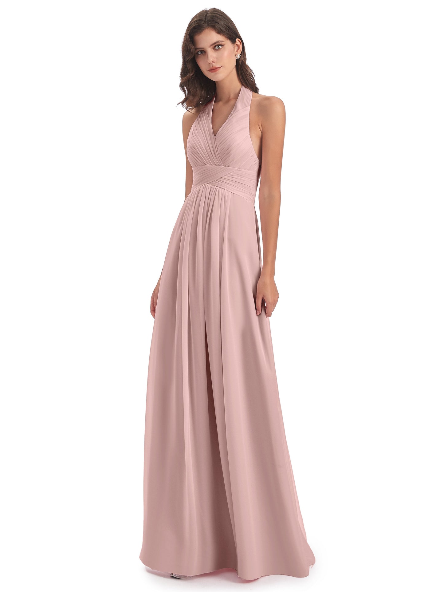 Camila A-line Halter Pleating Long Bridesmaid Dresses