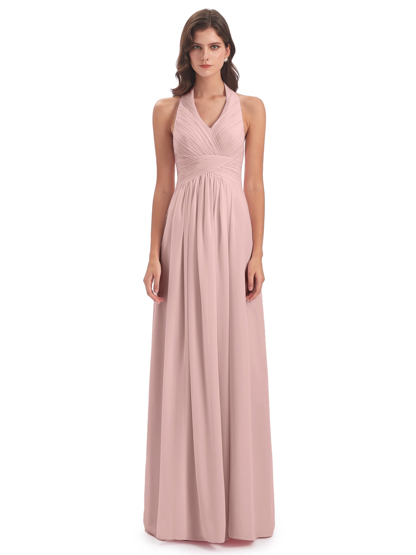 Camila A-line Halter Pleating Long Bridesmaid Dresses