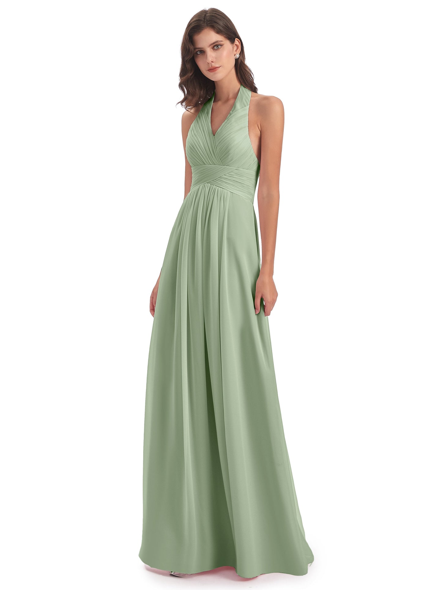 Camila A-line Halter Pleating Long Bridesmaid Dresses