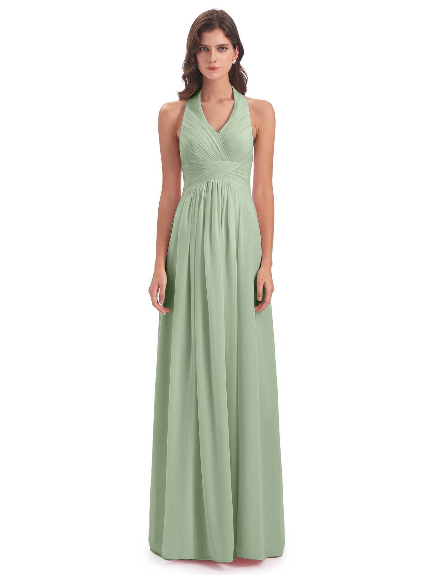 Camila A-line Halter Pleating Long Bridesmaid Dresses