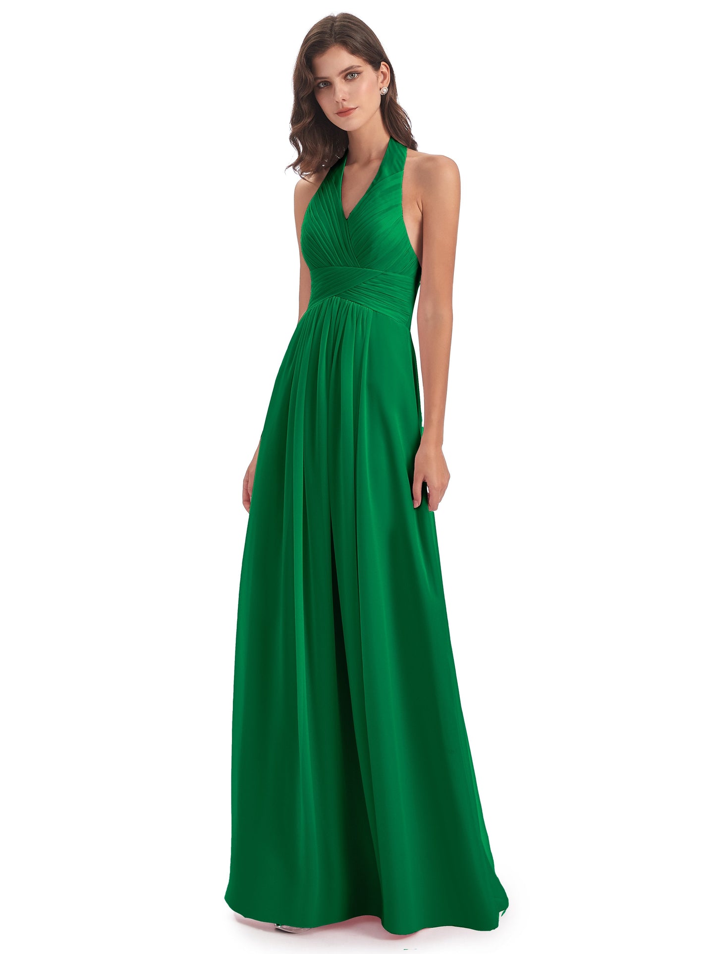 Camila A-line Halter Pleating Long Bridesmaid Dresses