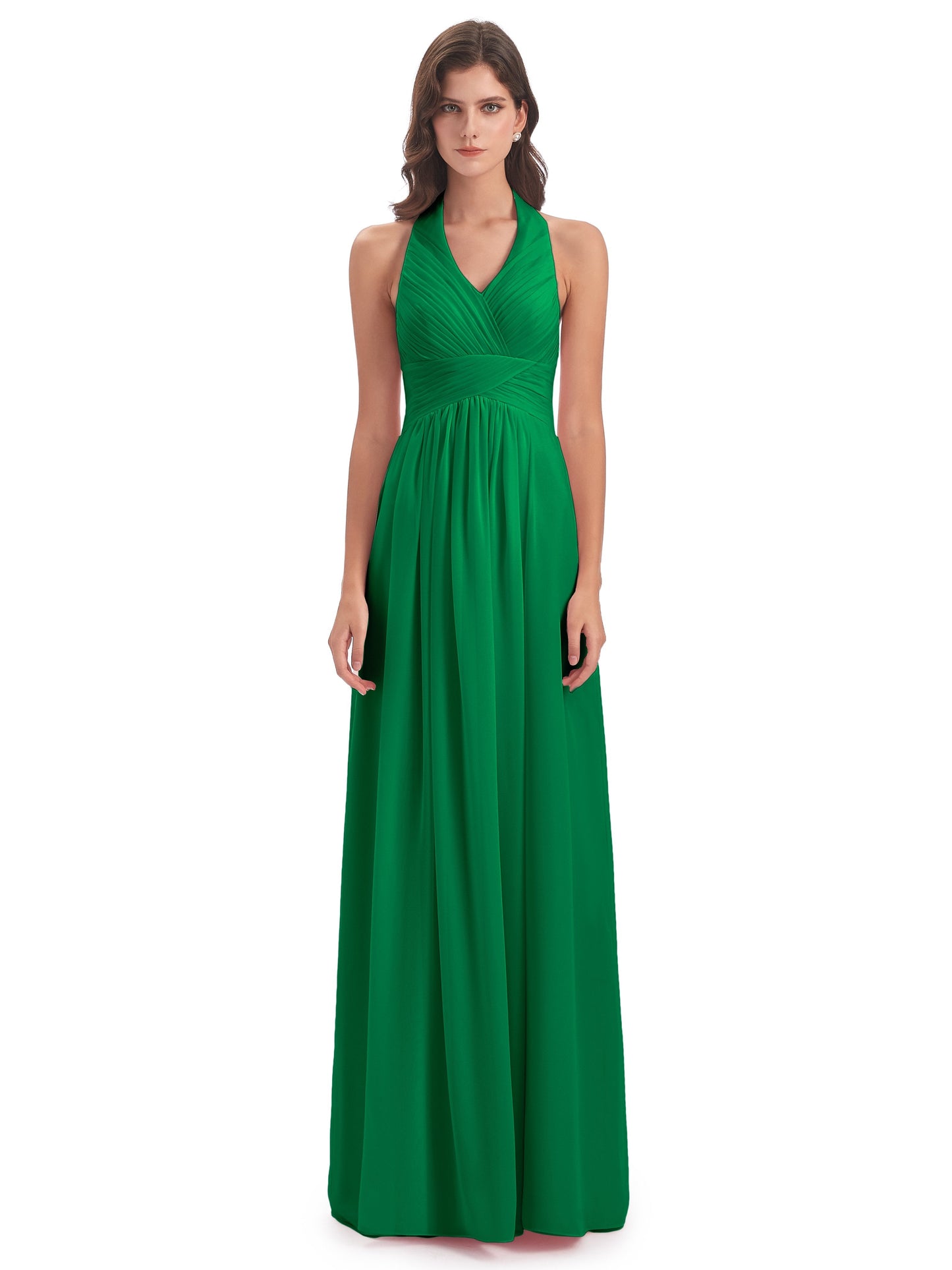 Camila A-line Halter Pleating Long Bridesmaid Dresses