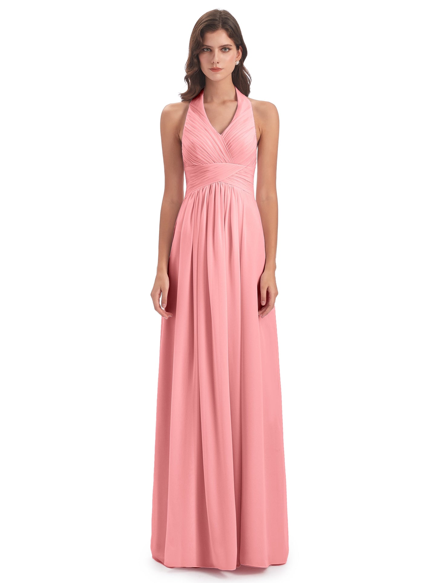 Camila A-line Halter Pleating Long Bridesmaid Dresses