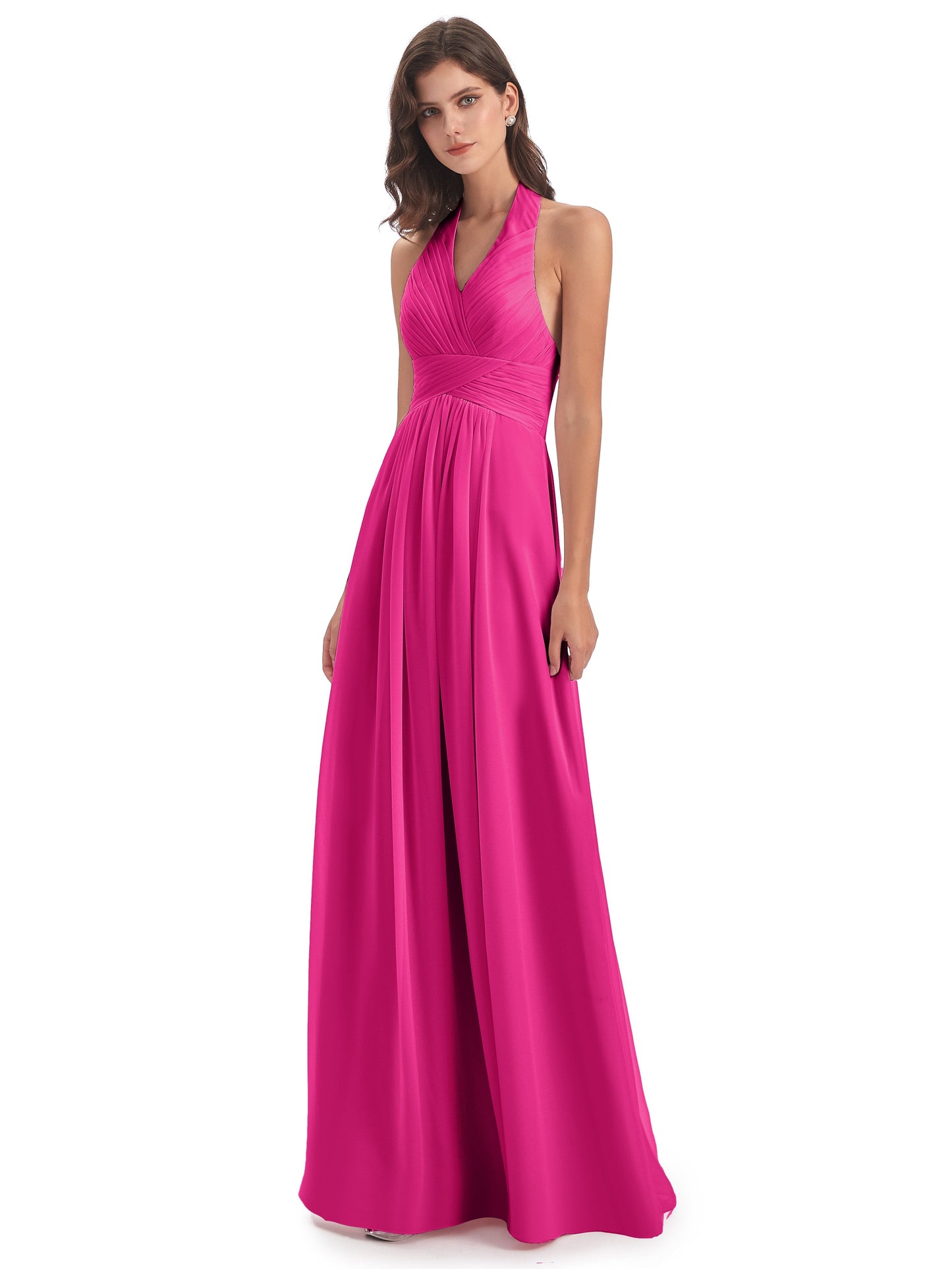 Camila A-line Halter Pleating Long Bridesmaid Dresses