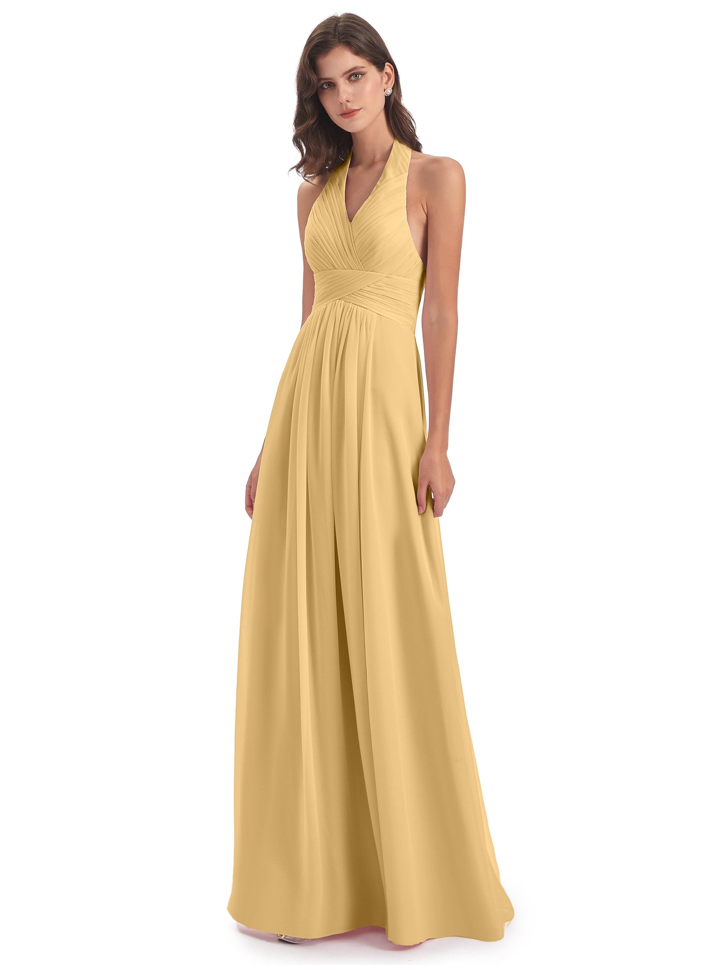 Camila A-line Halter Pleating Long Bridesmaid Dresses