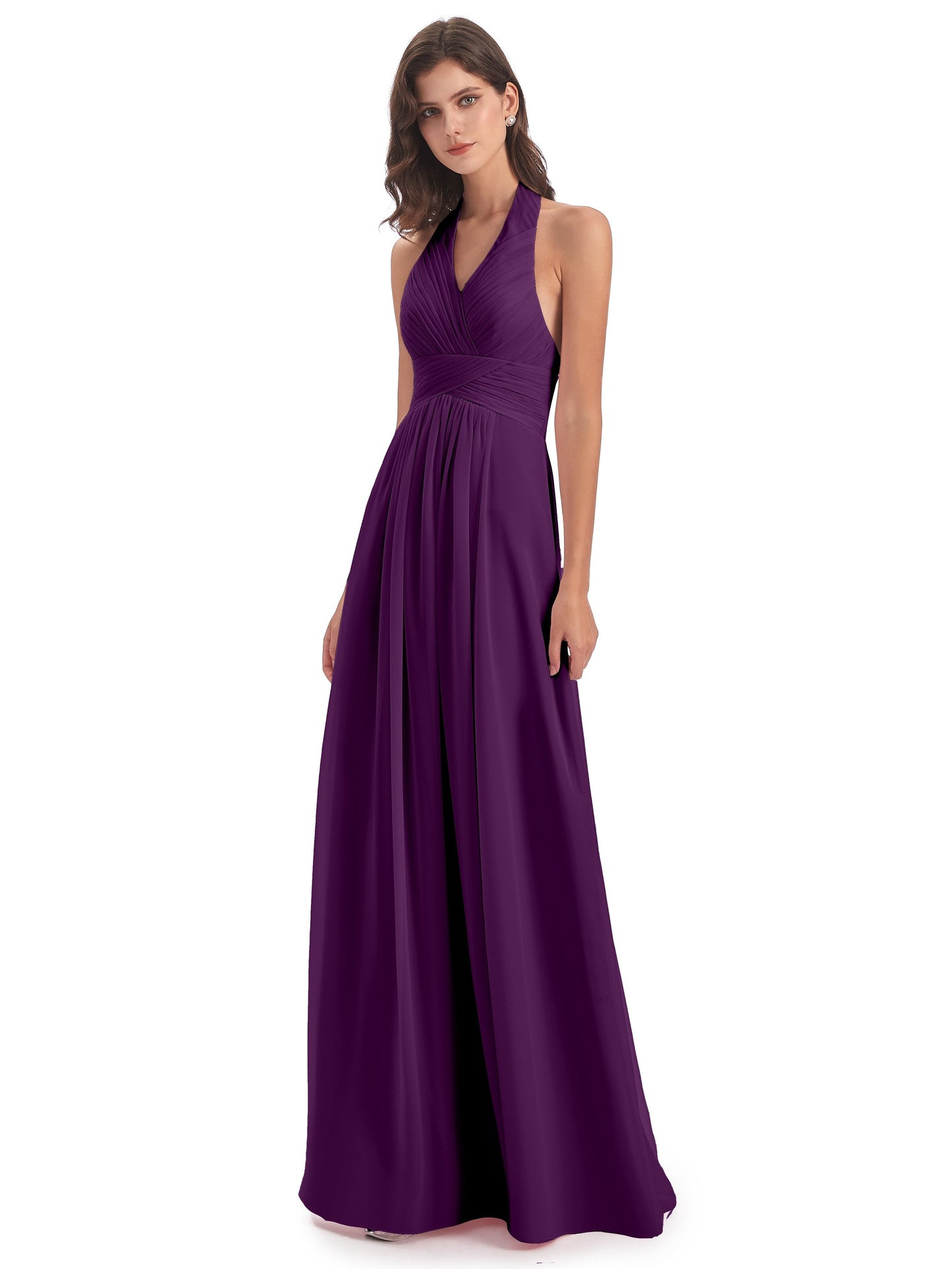 Camila A-line Halter Pleating Long Bridesmaid Dresses