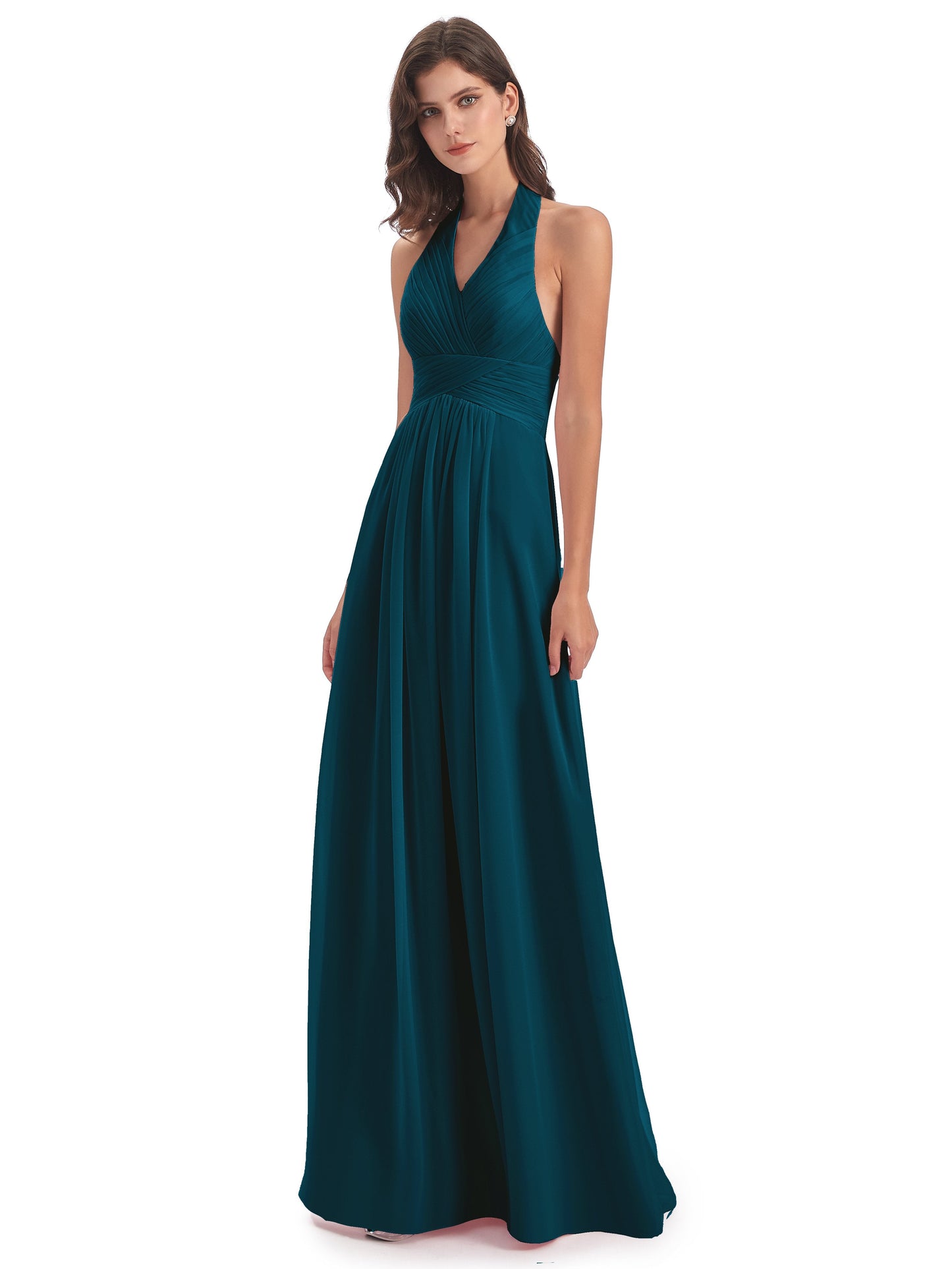 Camila A-line Halter Pleating Long Bridesmaid Dresses