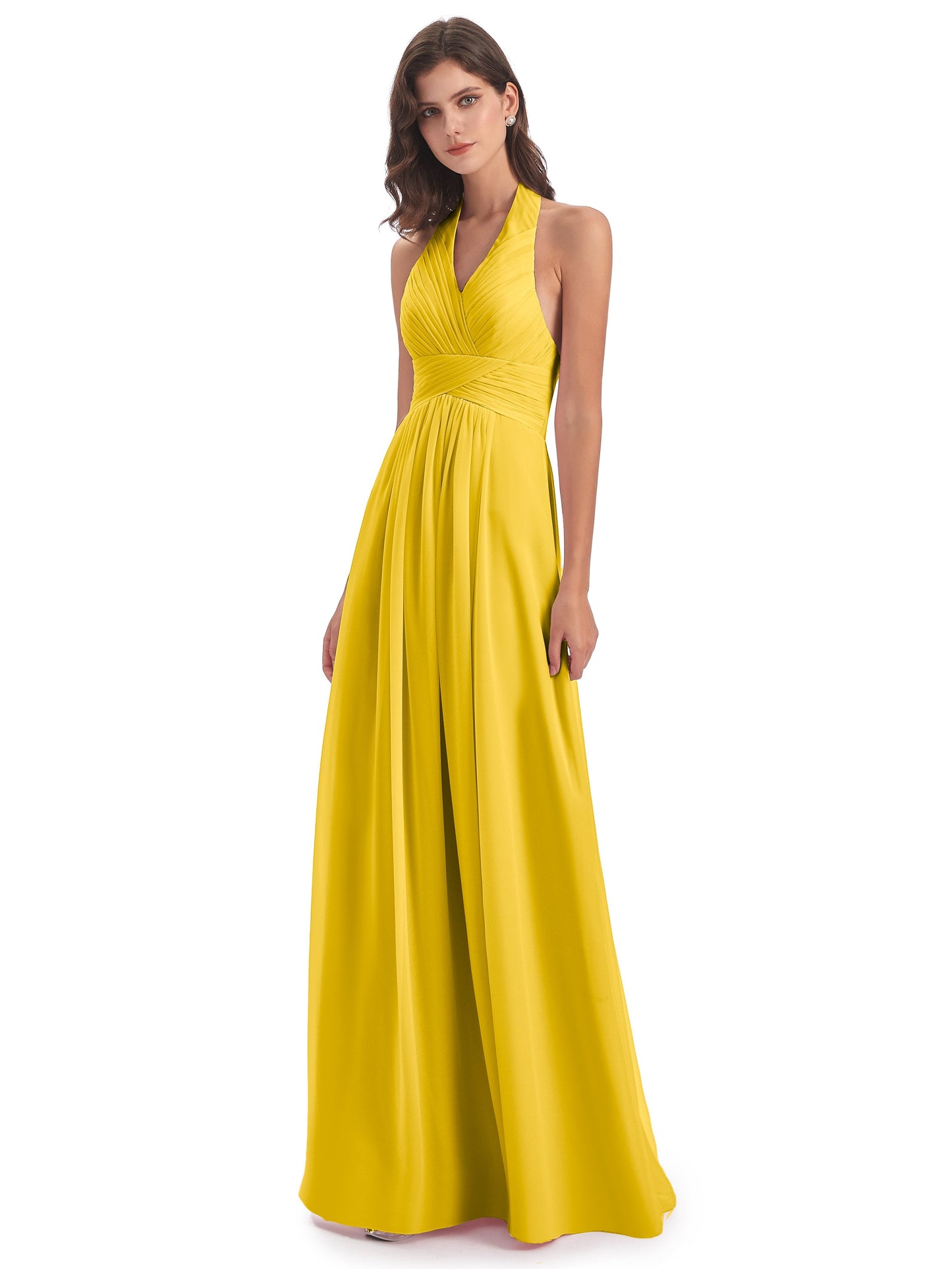 Camila A-line Halter Pleating Long Bridesmaid Dresses