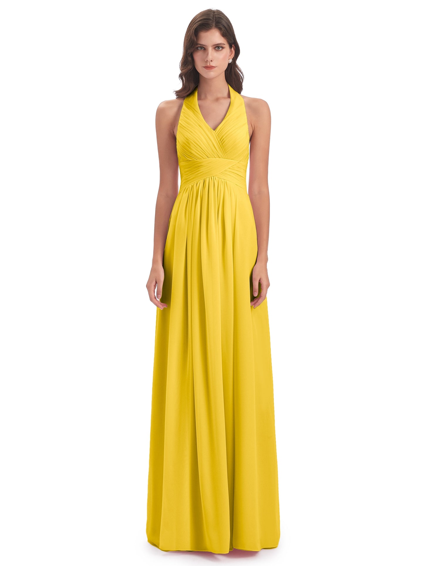 Camila A-line Halter Pleating Long Bridesmaid Dresses