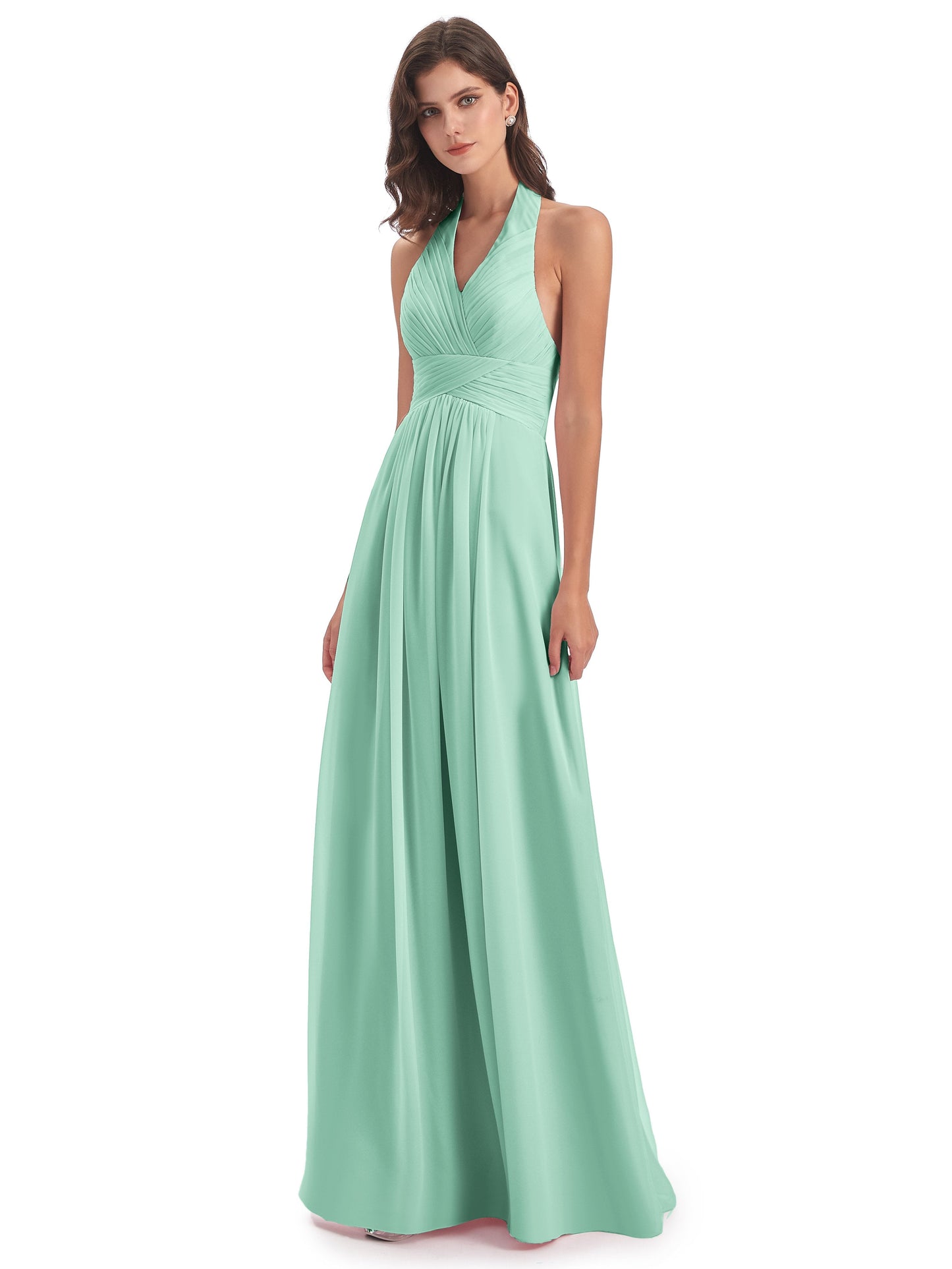 Camila A-line Halter Pleating Long Bridesmaid Dresses