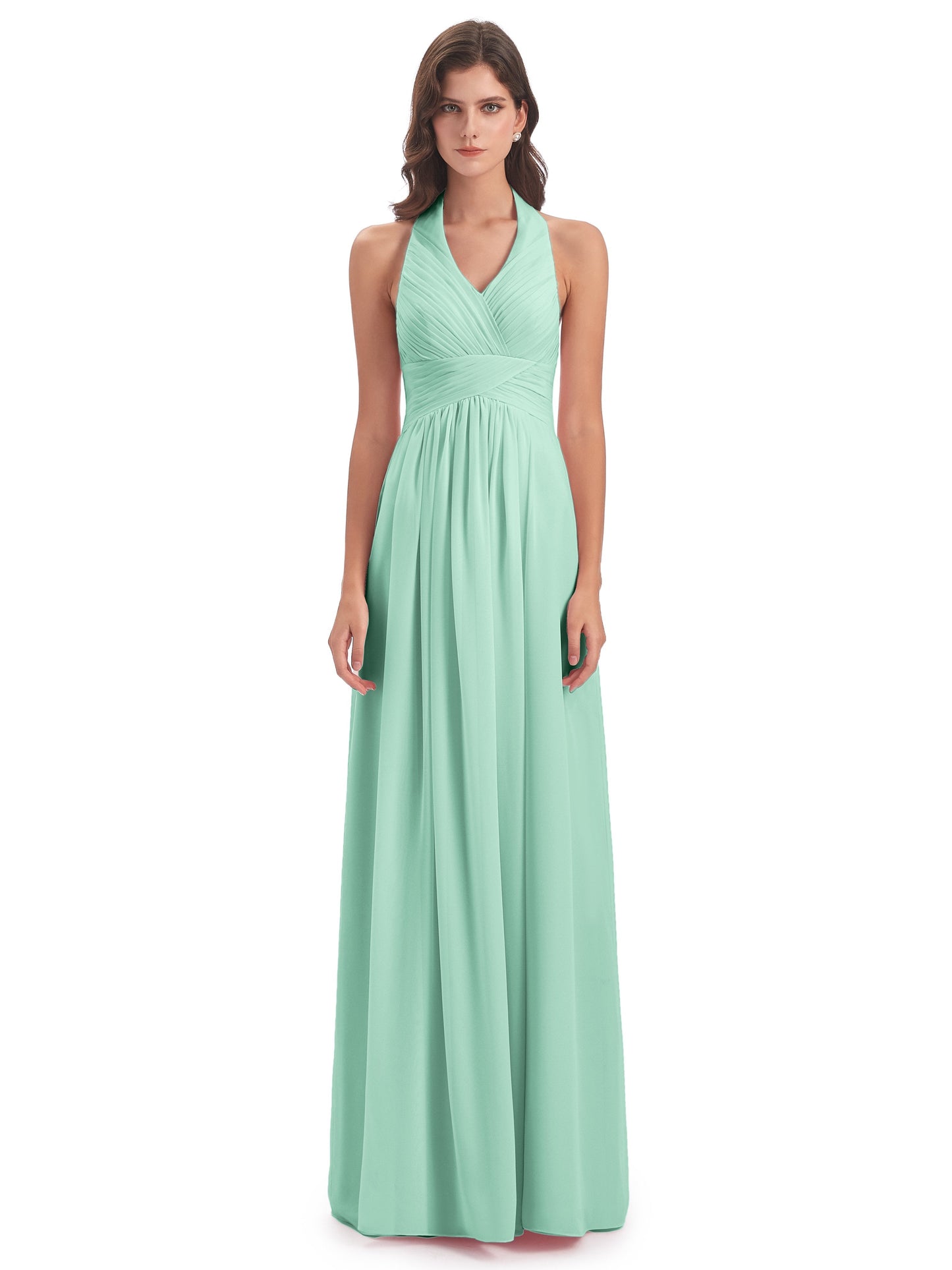 Camila A-line Halter Pleating Long Bridesmaid Dresses