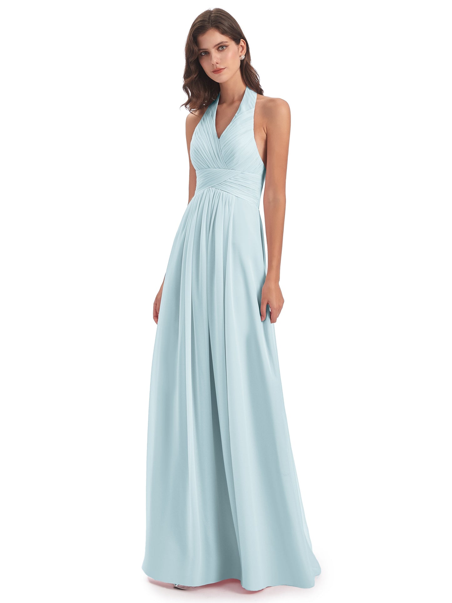 Camila A-line Halter Pleating Long Bridesmaid Dresses