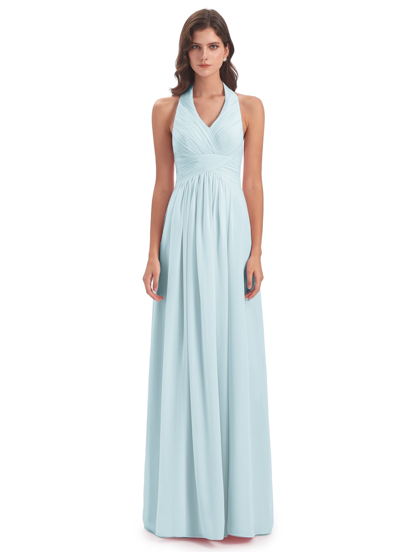 Camila A-line Halter Pleating Long Bridesmaid Dresses