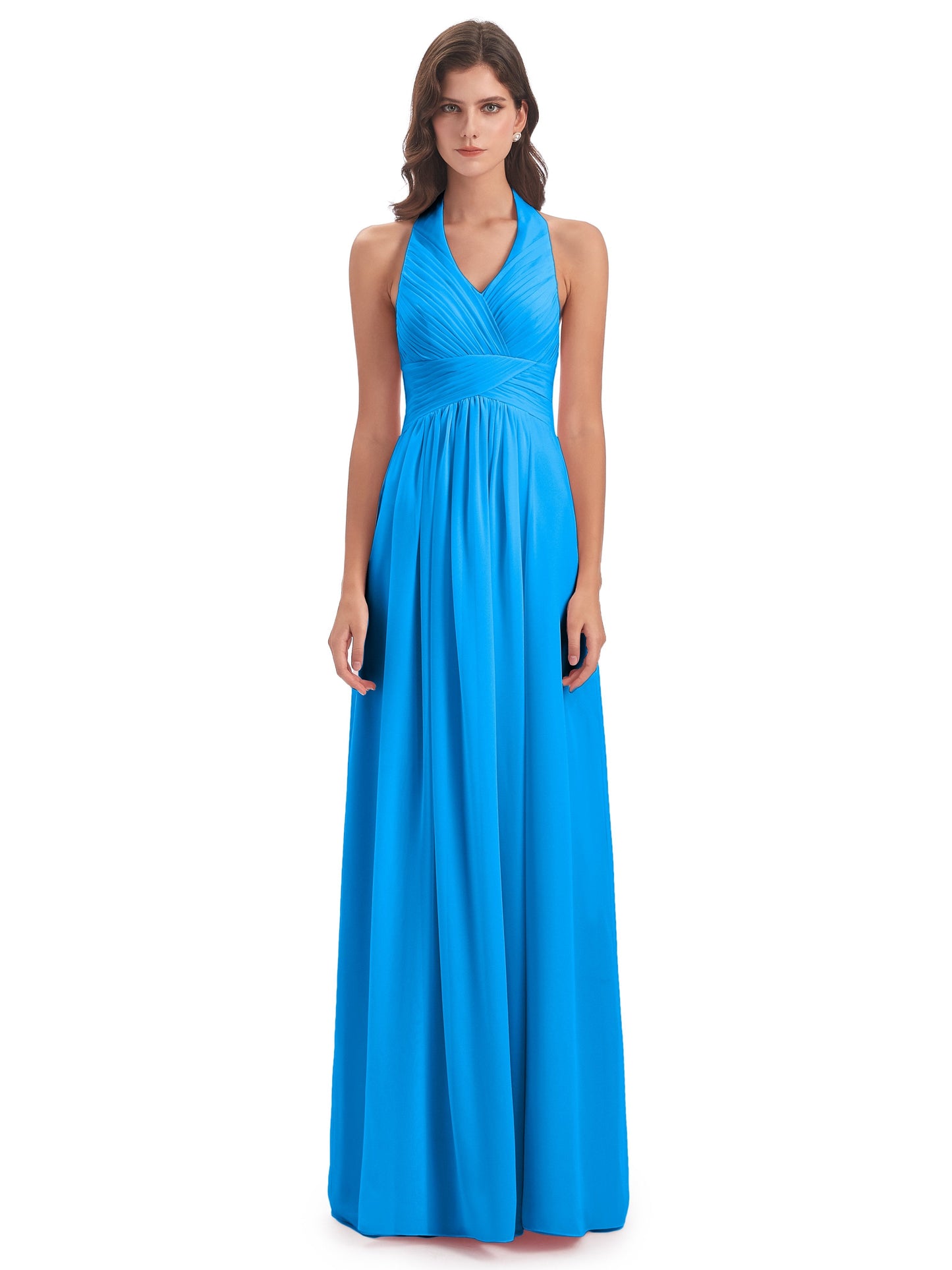 Camila A-line Halter Pleating Long Bridesmaid Dresses