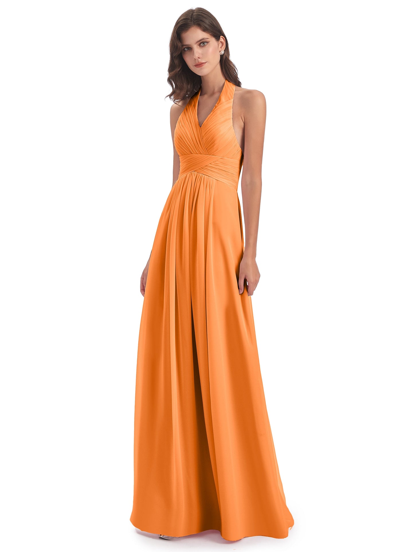 Camila A-line Halter Pleating Long Bridesmaid Dresses