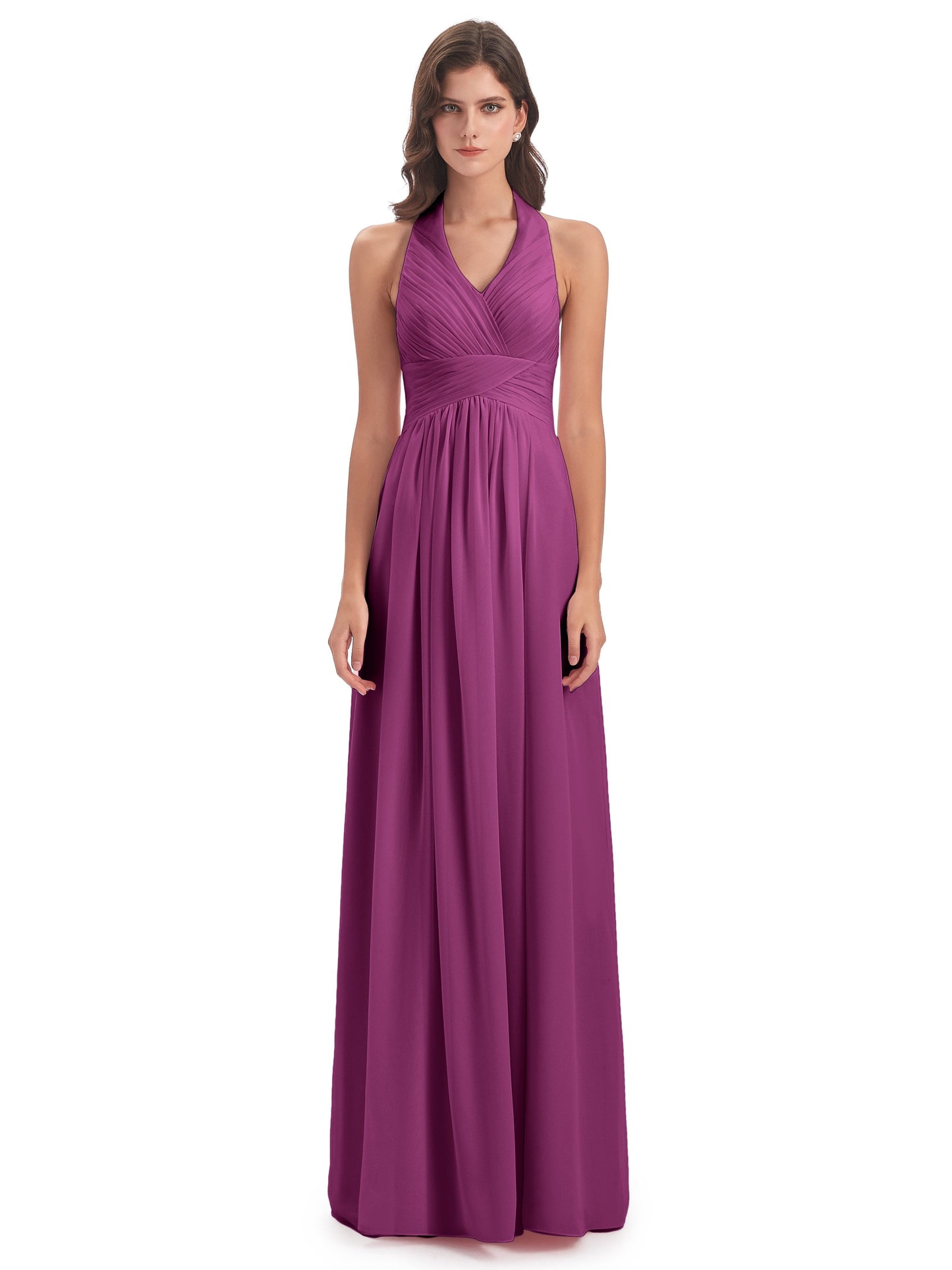 Camila A-line Halter Pleating Long Bridesmaid Dresses