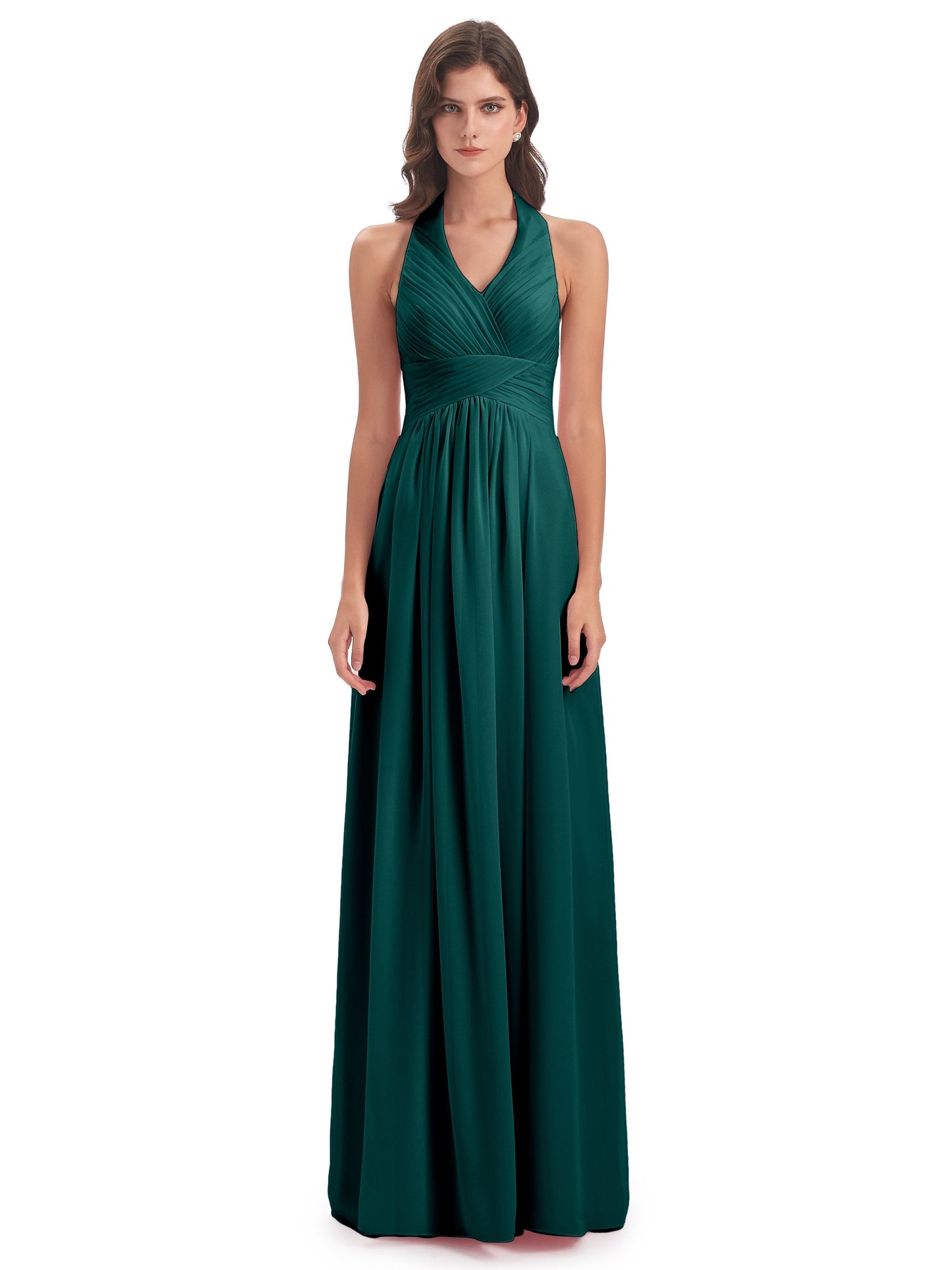 Camila A-line Halter Pleating Long Bridesmaid Dresses