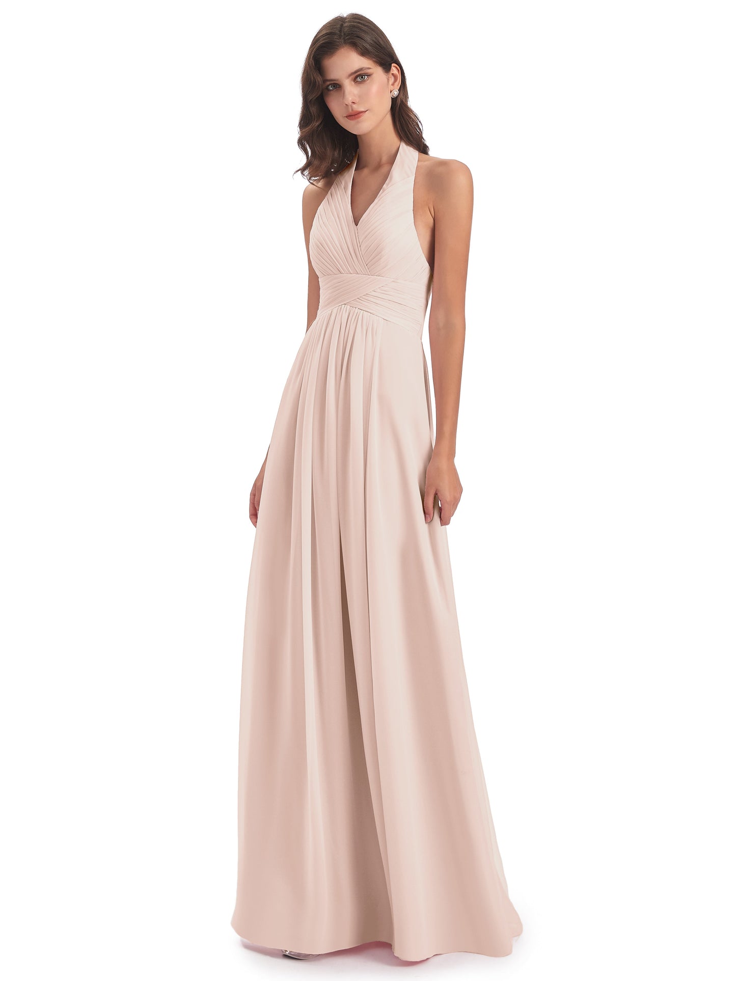 Camila A-line Halter Pleating Long Bridesmaid Dresses