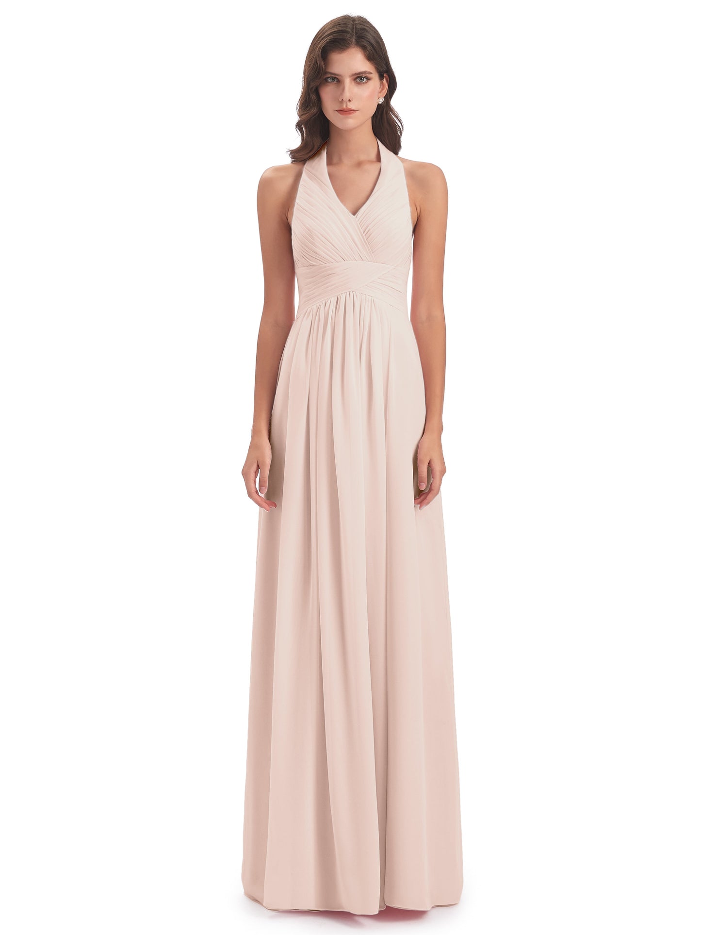 Camila A-line Halter Pleating Long Bridesmaid Dresses
