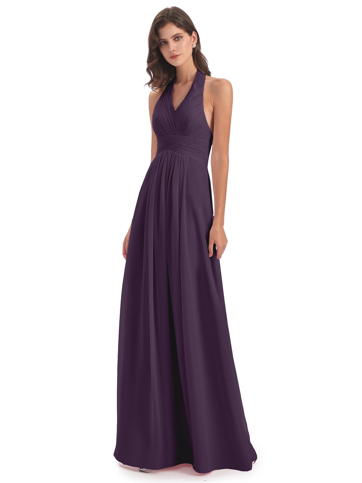 Camila A-line Halter Pleating Long Bridesmaid Dresses