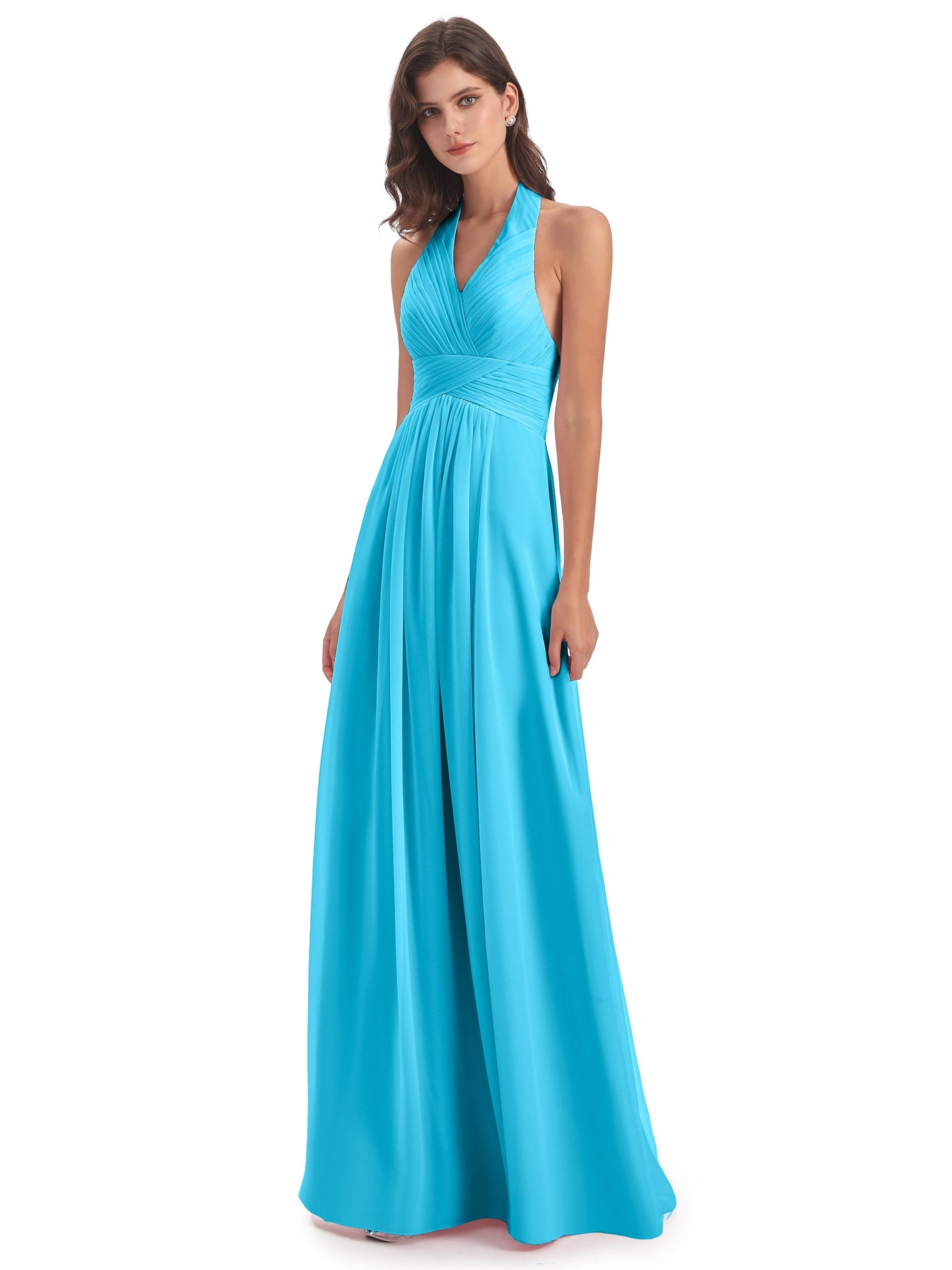 Camila A-line Halter Pleating Long Bridesmaid Dresses
