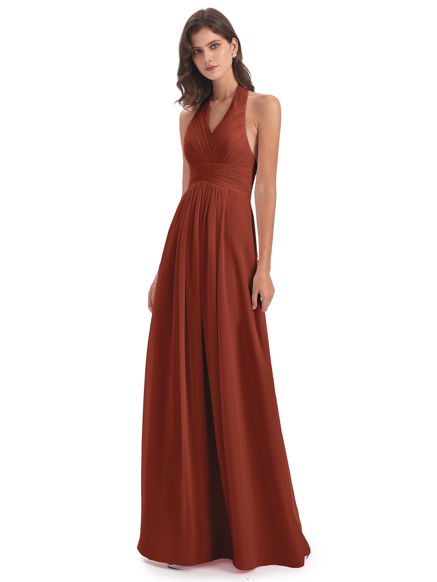 Camila A-line Halter Pleating Long Bridesmaid Dresses