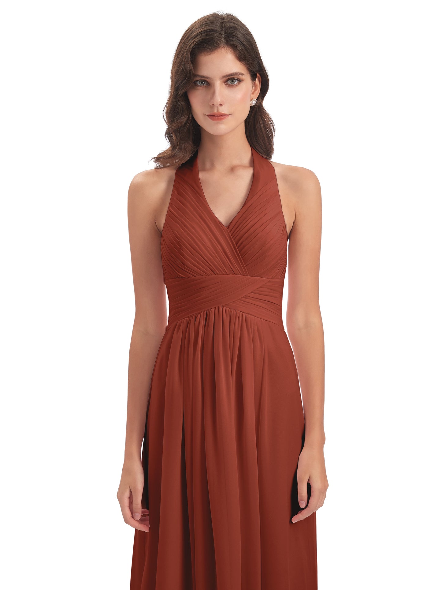 Camila A-line Halter Pleating Long Bridesmaid Dresses