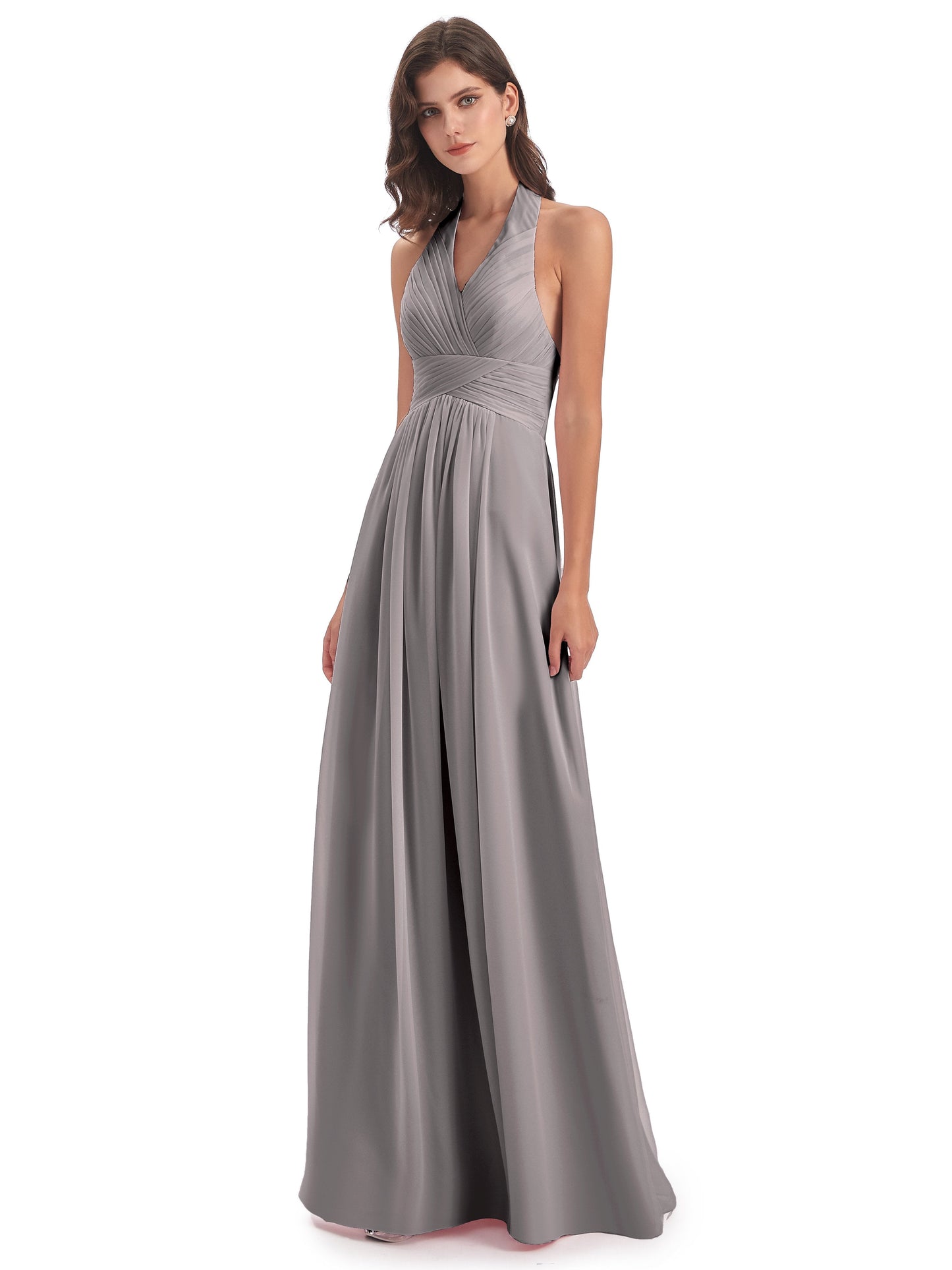 Camila A-line Halter Pleating Long Bridesmaid Dresses