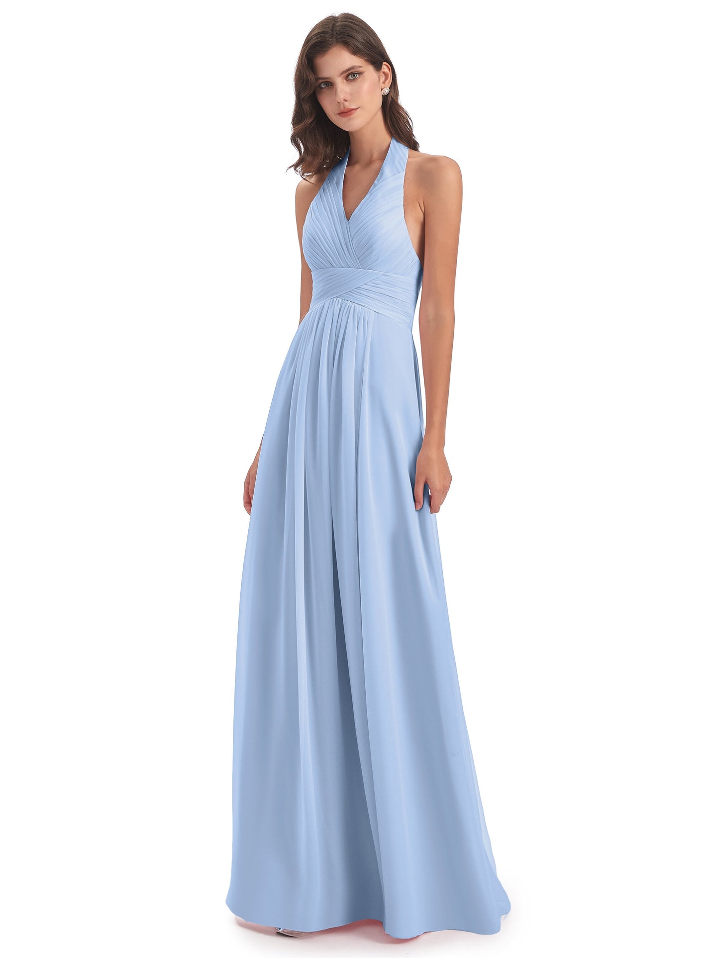 Camila A-line Halter Pleating Long Bridesmaid Dresses