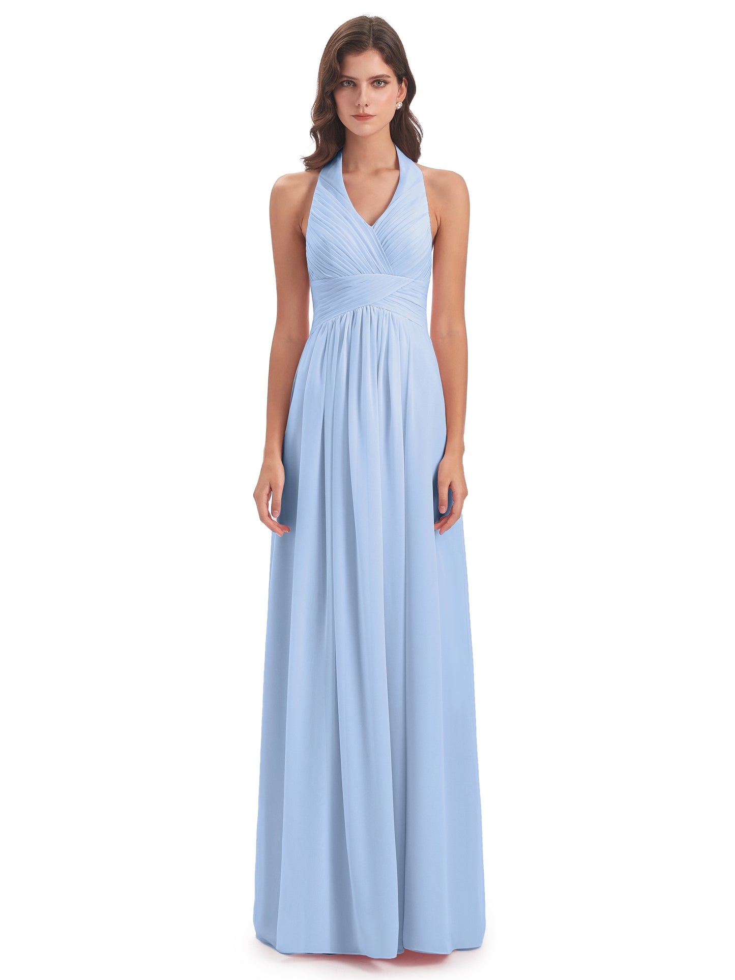 Camila A-line Halter Pleating Long Bridesmaid Dresses