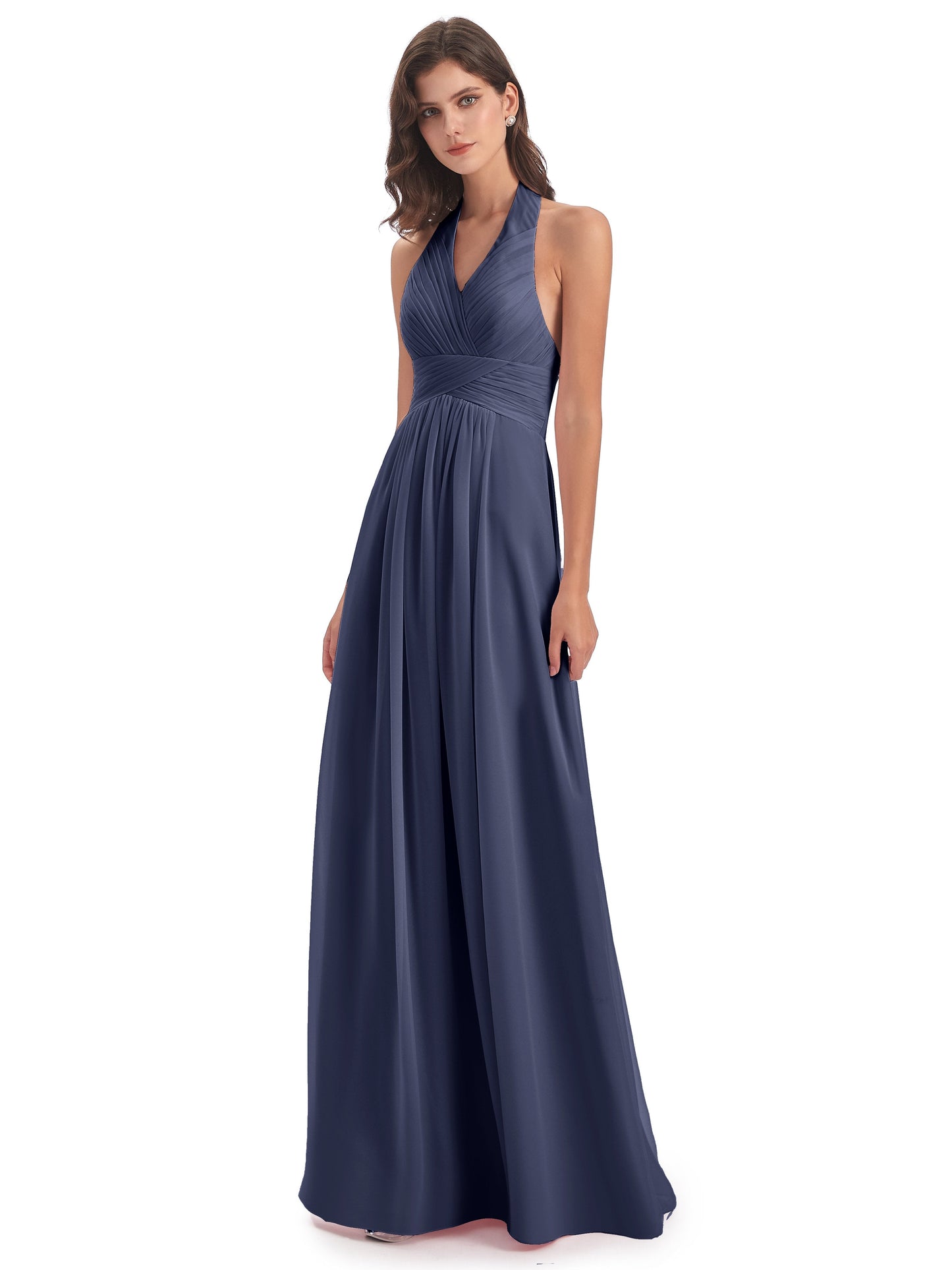 Camila A-line Halter Pleating Long Bridesmaid Dresses