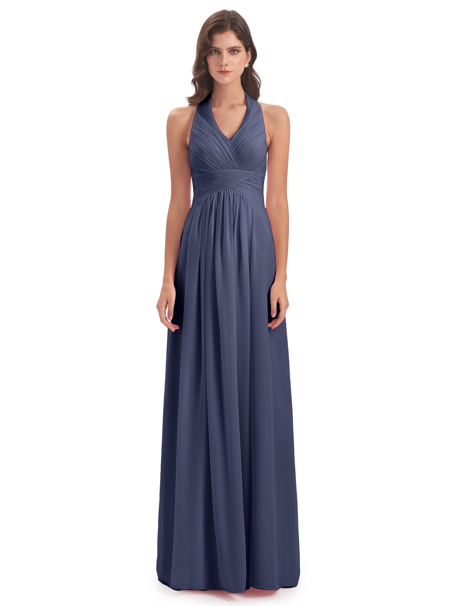 Camila A-line Halter Pleating Long Bridesmaid Dresses