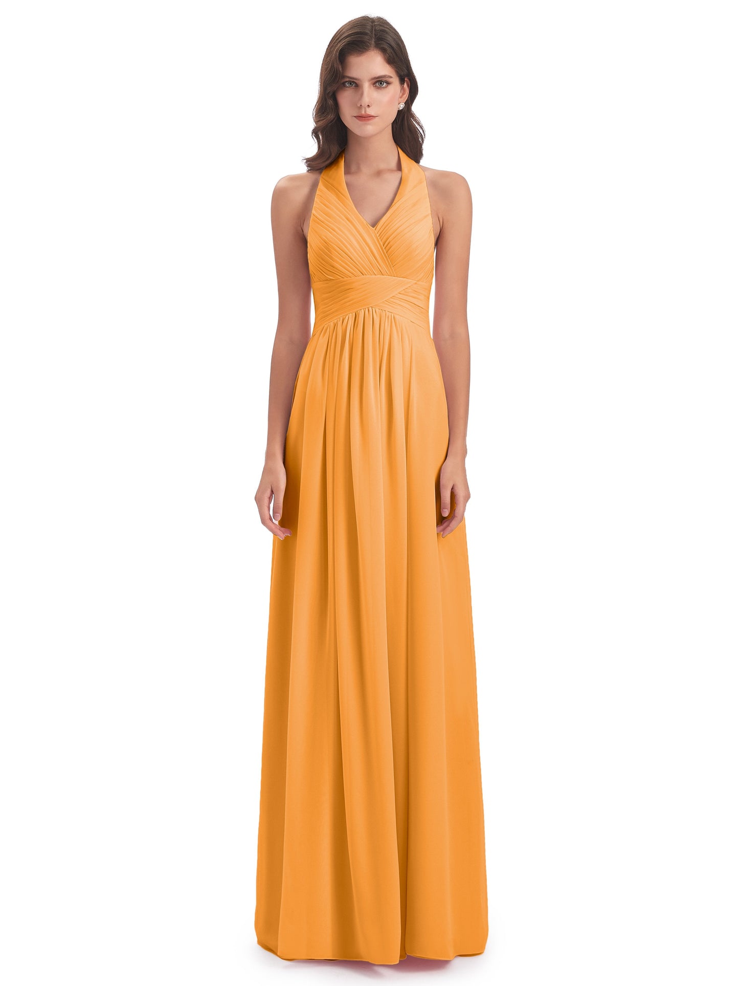 Camila A-line Halter Pleating Long Bridesmaid Dresses