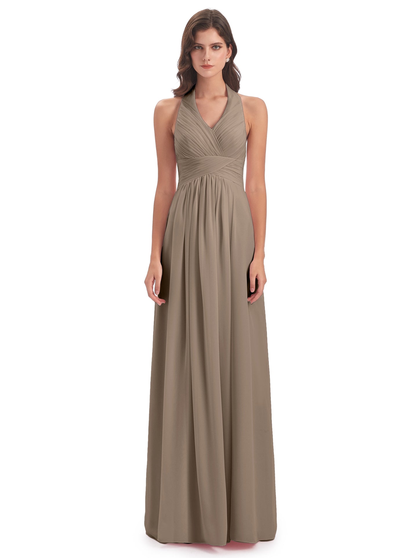 Camila A-line Halter Pleating Long Bridesmaid Dresses