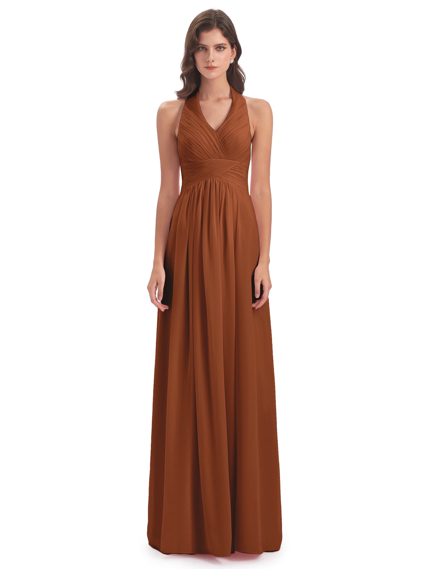 Camila A-line Halter Pleating Long Bridesmaid Dresses