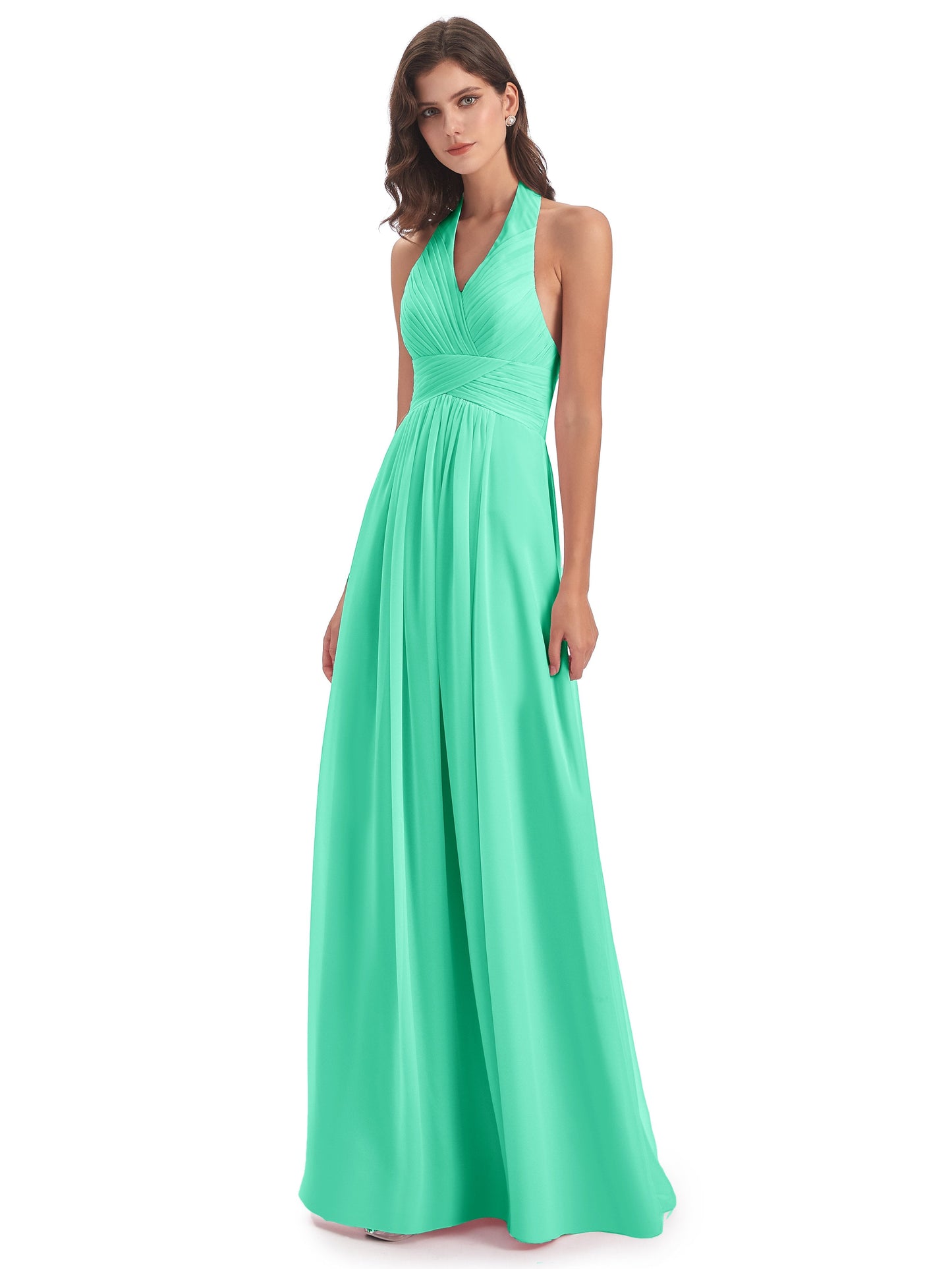 Camila A-line Halter Pleating Long Bridesmaid Dresses