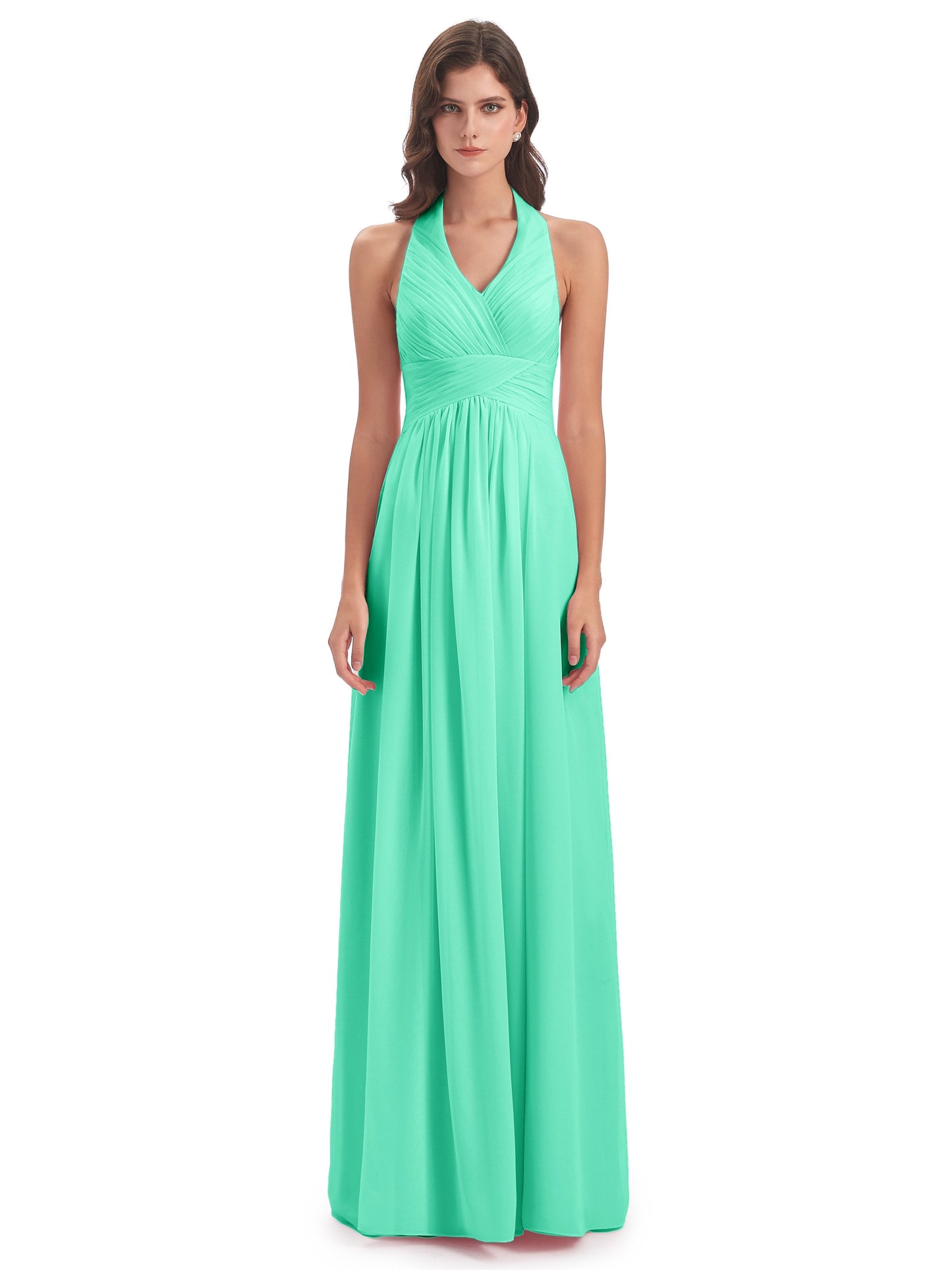 Camila A-line Halter Pleating Long Bridesmaid Dresses