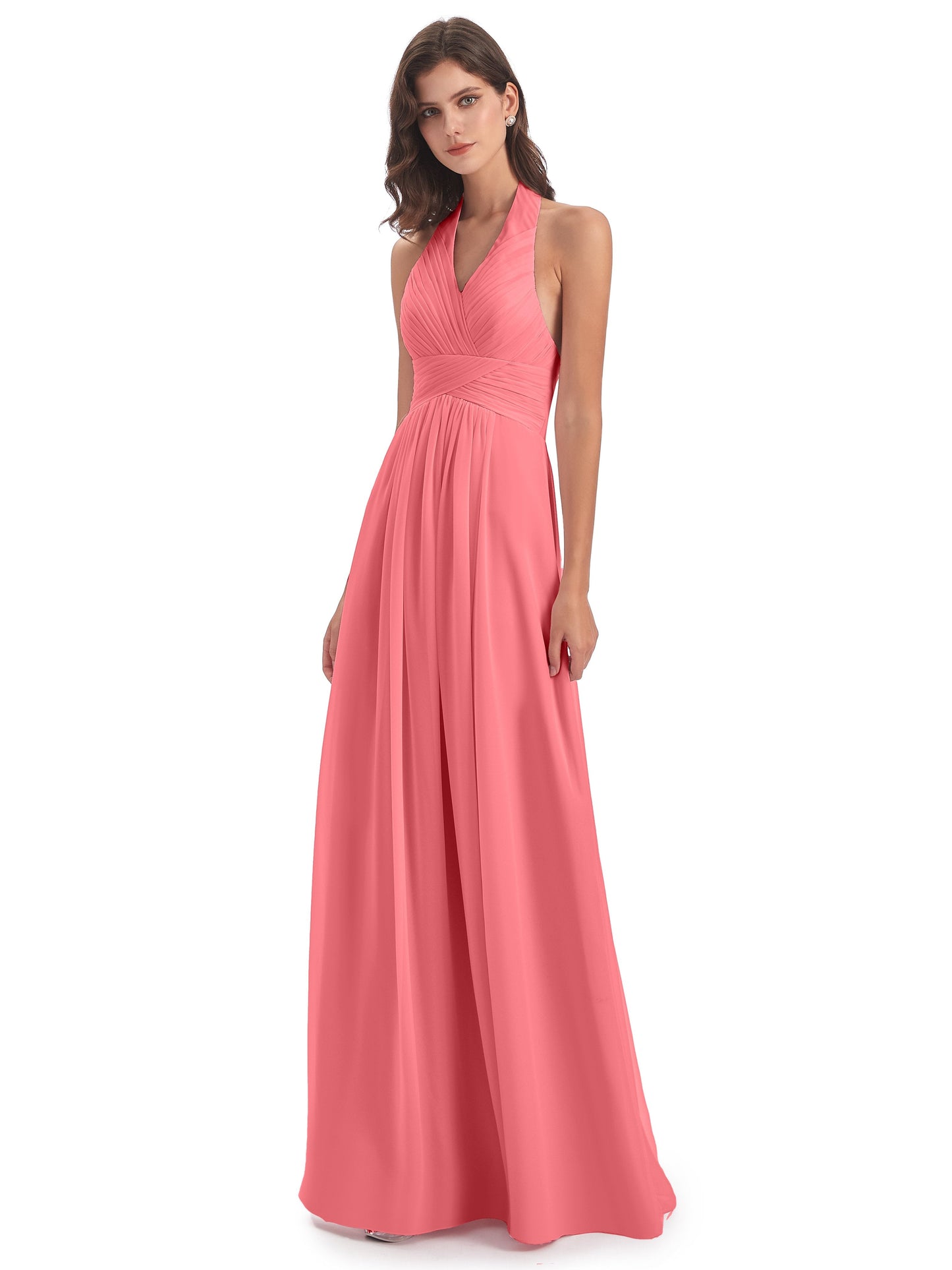 Camila A-line Halter Pleating Long Bridesmaid Dresses