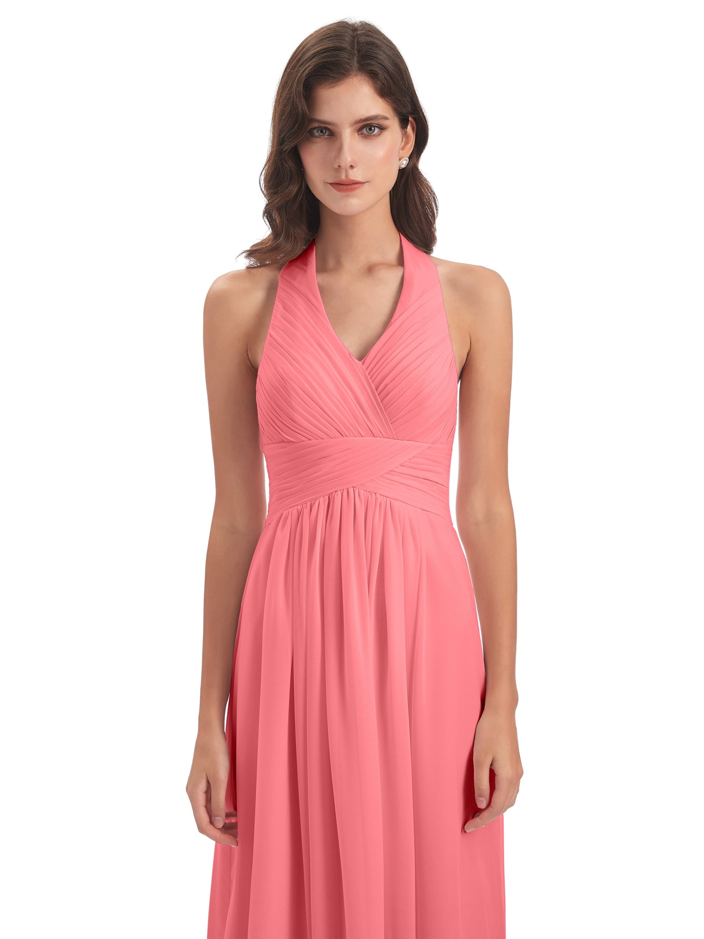 Camila A-line Halter Pleating Long Bridesmaid Dresses