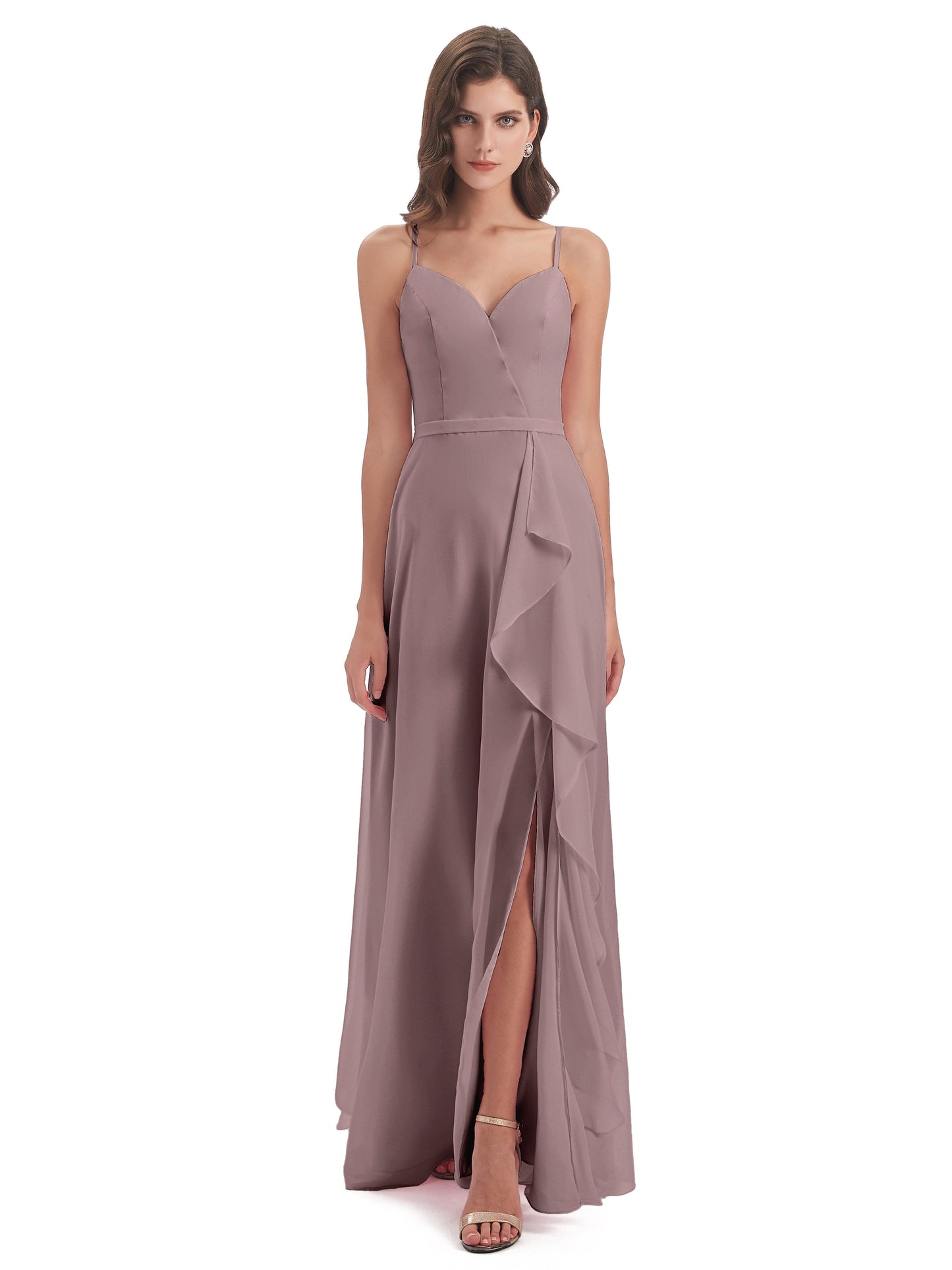 Delilah Sheath Spaghetti Straps Chiffon Long Bridesmaid Dresses