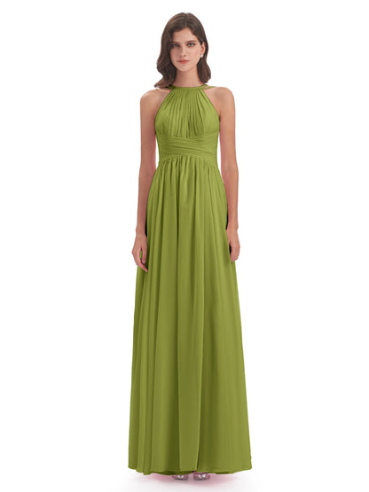 Ellianna Halter Open Back Chiffon Long Bridesmaid Dresses