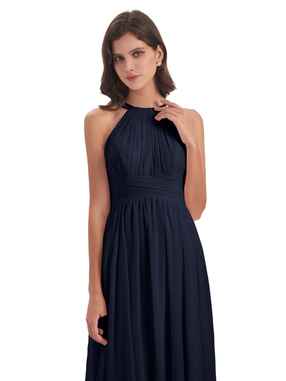 Ellianna Halter Open Back Chiffon Long Bridesmaid Dresses