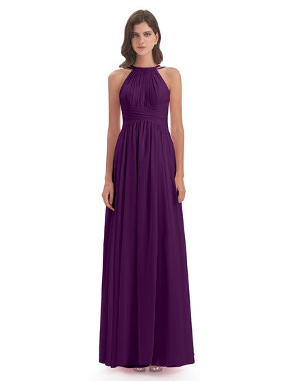 Ellianna Halter Open Back Chiffon Long Bridesmaid Dresses