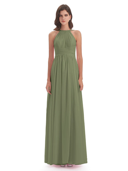 Ellianna Halter Open Back Chiffon Long Bridesmaid Dresses