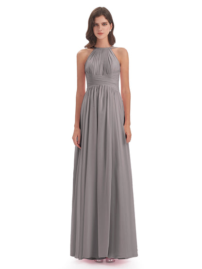 Ellianna Halter Open Back Chiffon Long Bridesmaid Dresses